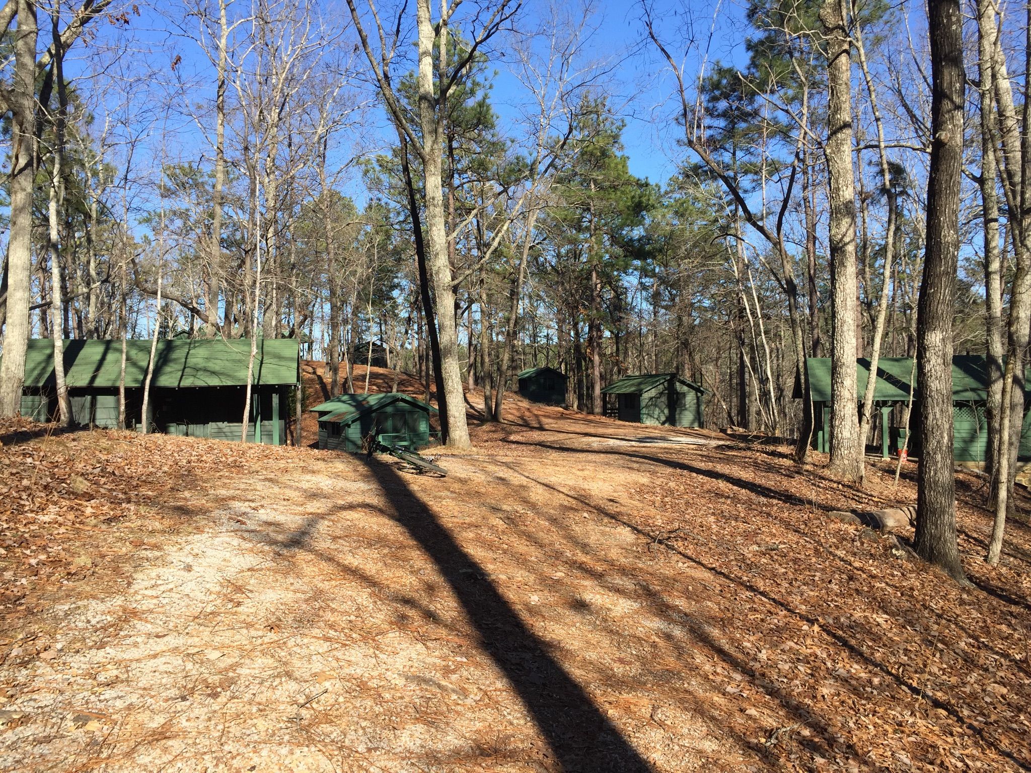 Several green cabins nestled in a sunny, leafless forest with long shadows. - Oak Mountain State Park Office – Lake Trail Trailhead loop from Nature Center Parking