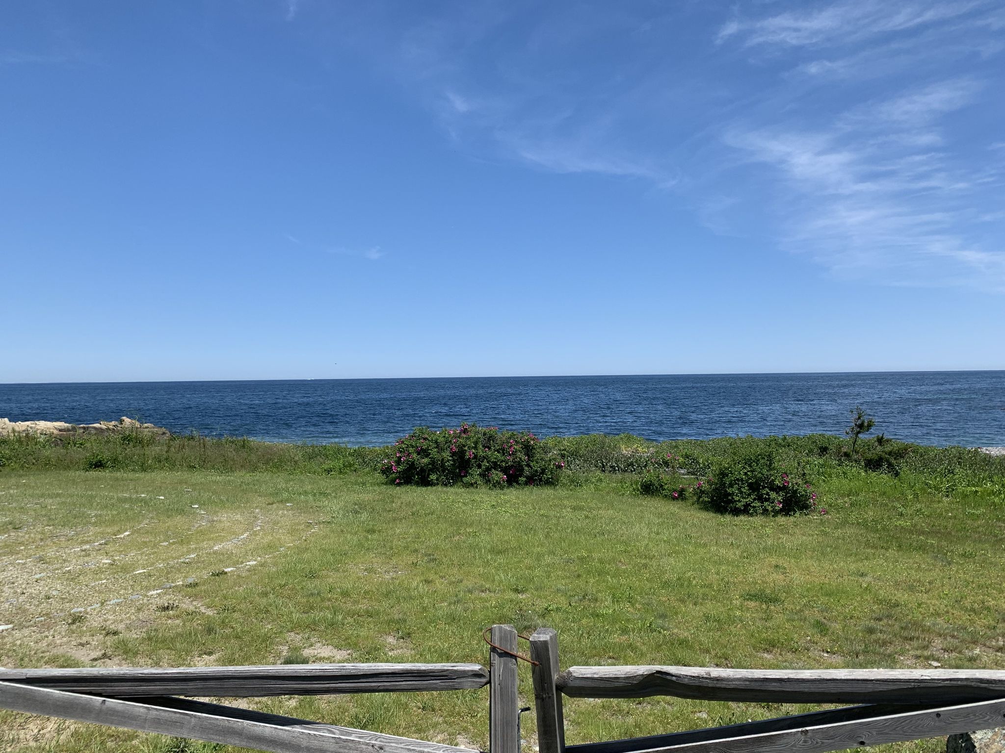 Sunny ocean view over a green grassy field and wooden fence. - Atlantic Avenue loop from Cohasset