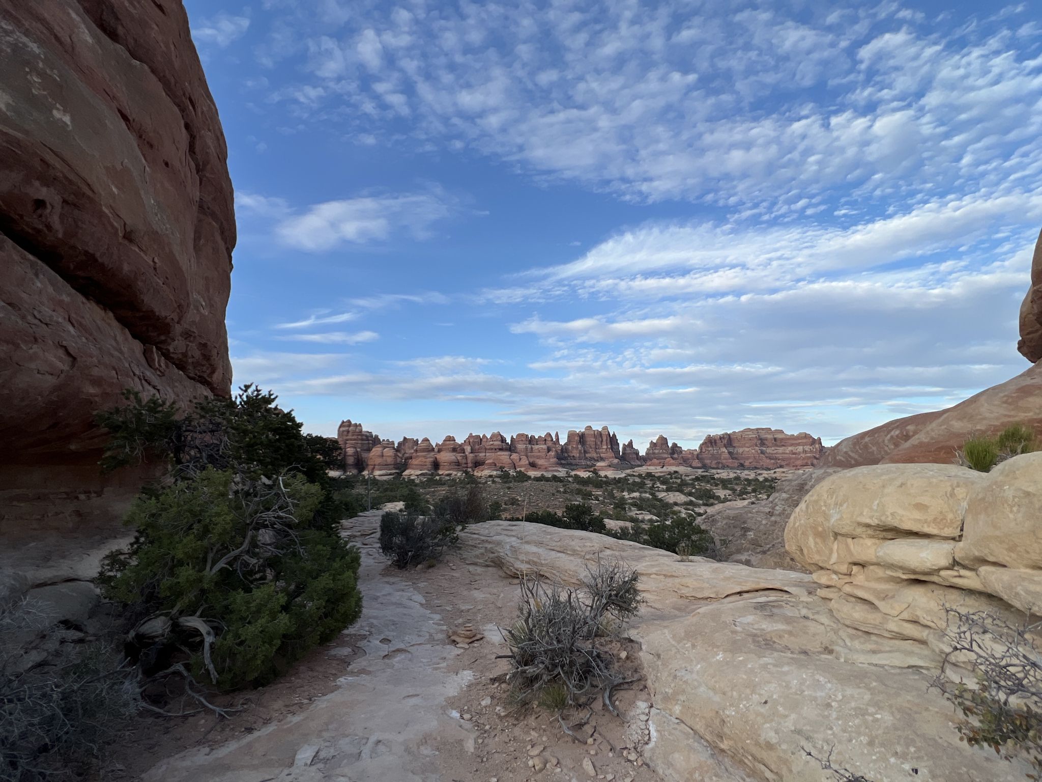 Rocky path leading towards distant red rock spires under a cloudy sky. - Elephant Hill Trail