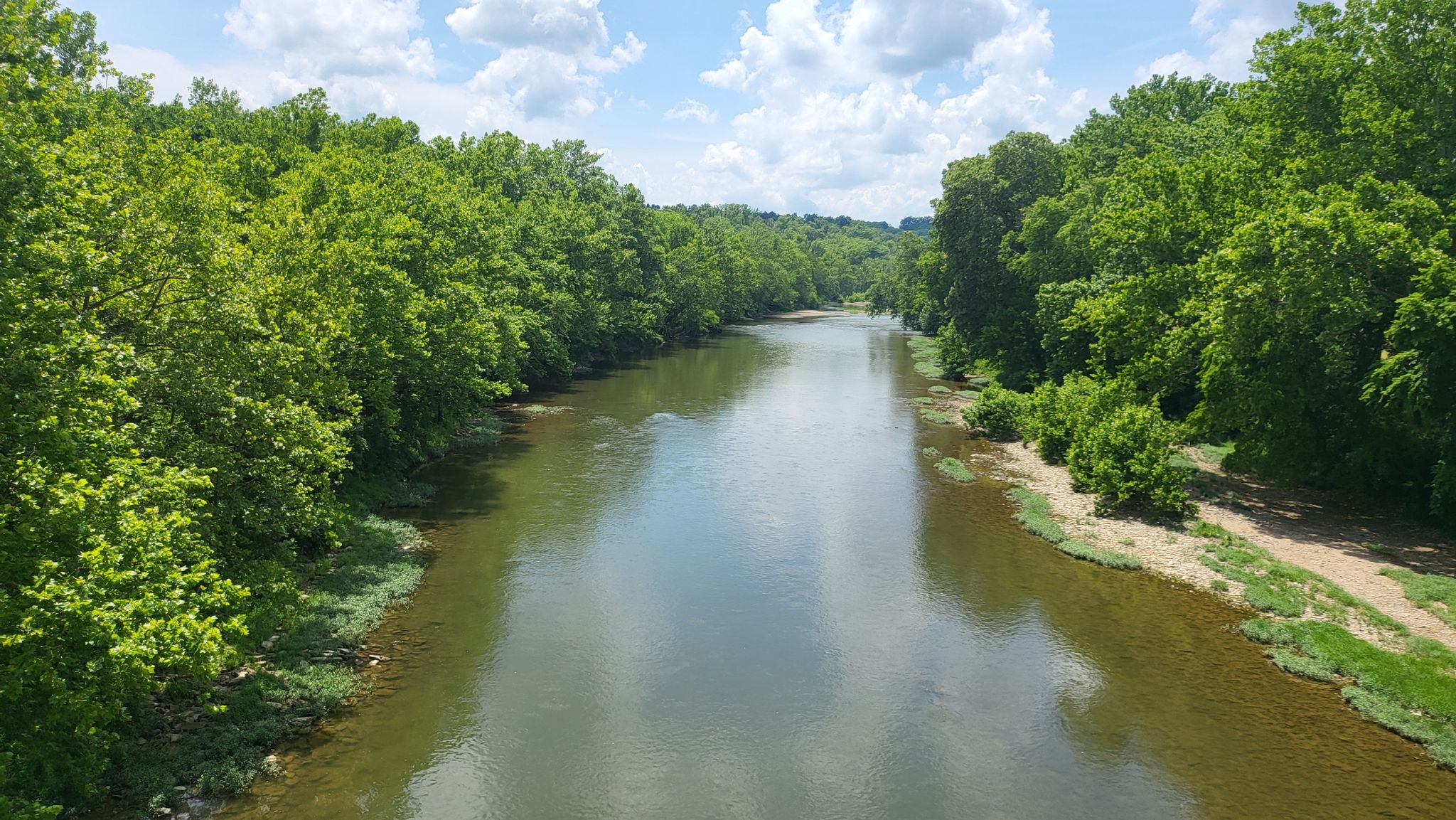 Wide river flowing between lush green tree-lined banks on a sunny day. - Little Miami Scenic Trail