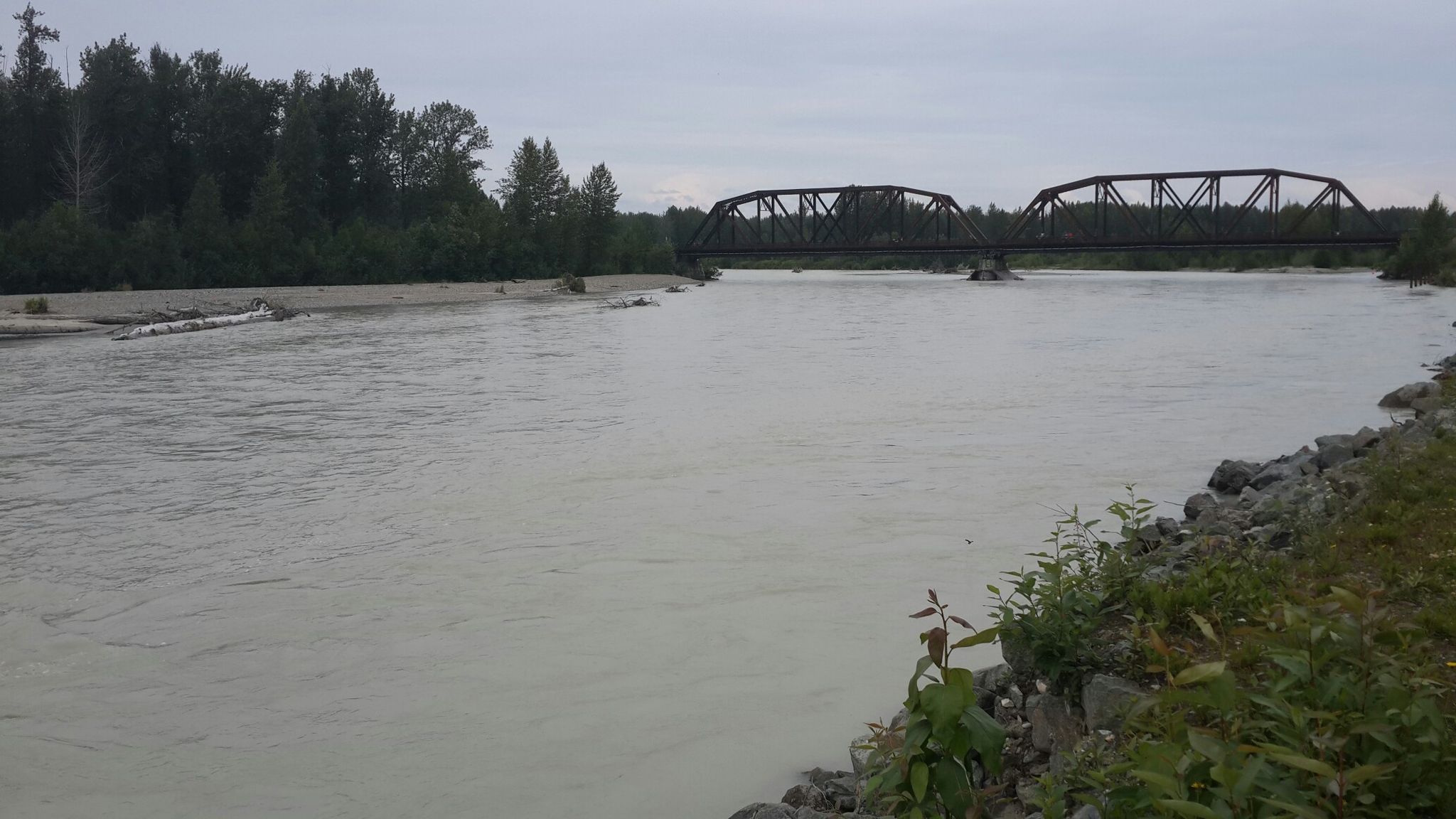Wide murky river with a metal truss bridge and forested banks under an overcast sky. - Chase Trail