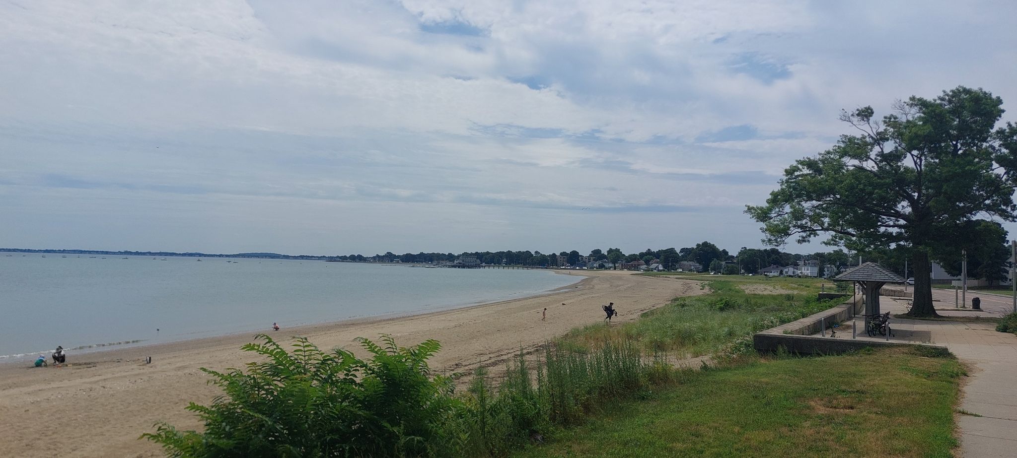 Overcast day at a sandy beach with calm water and distant shoreline. - Quincy Shoreline via Wollaston Beach Promenade— Quincy Shores Reservation