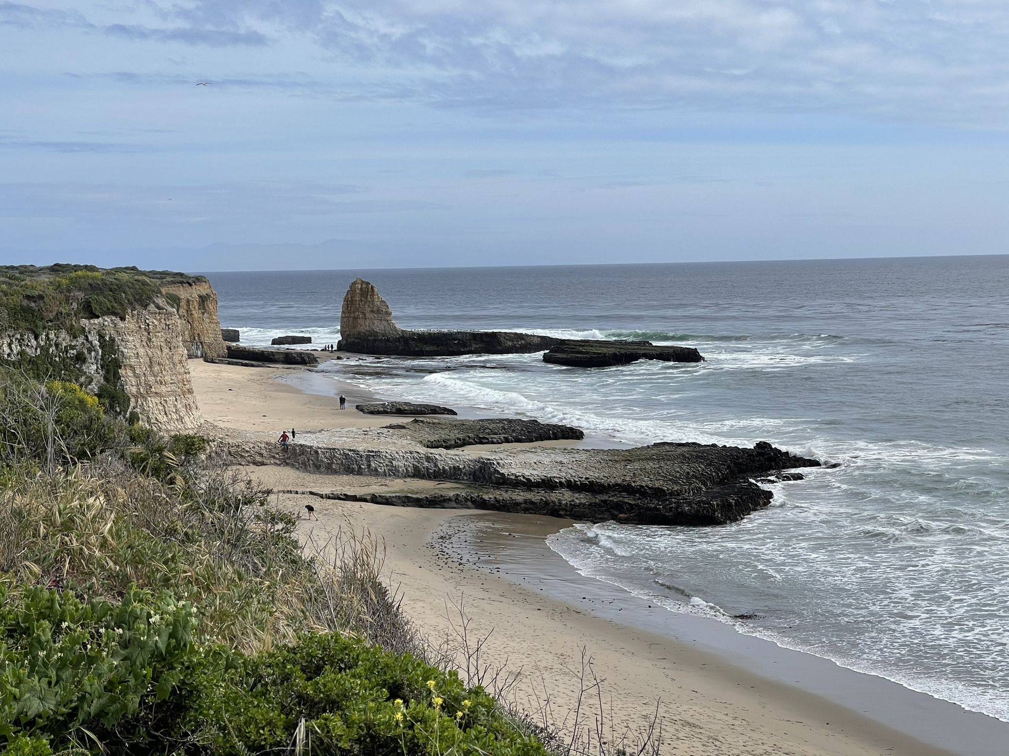 Overcast day on a sandy beach with ocean waves, sea stacks, and tall cliffs. - Ohlone Bluff Trail