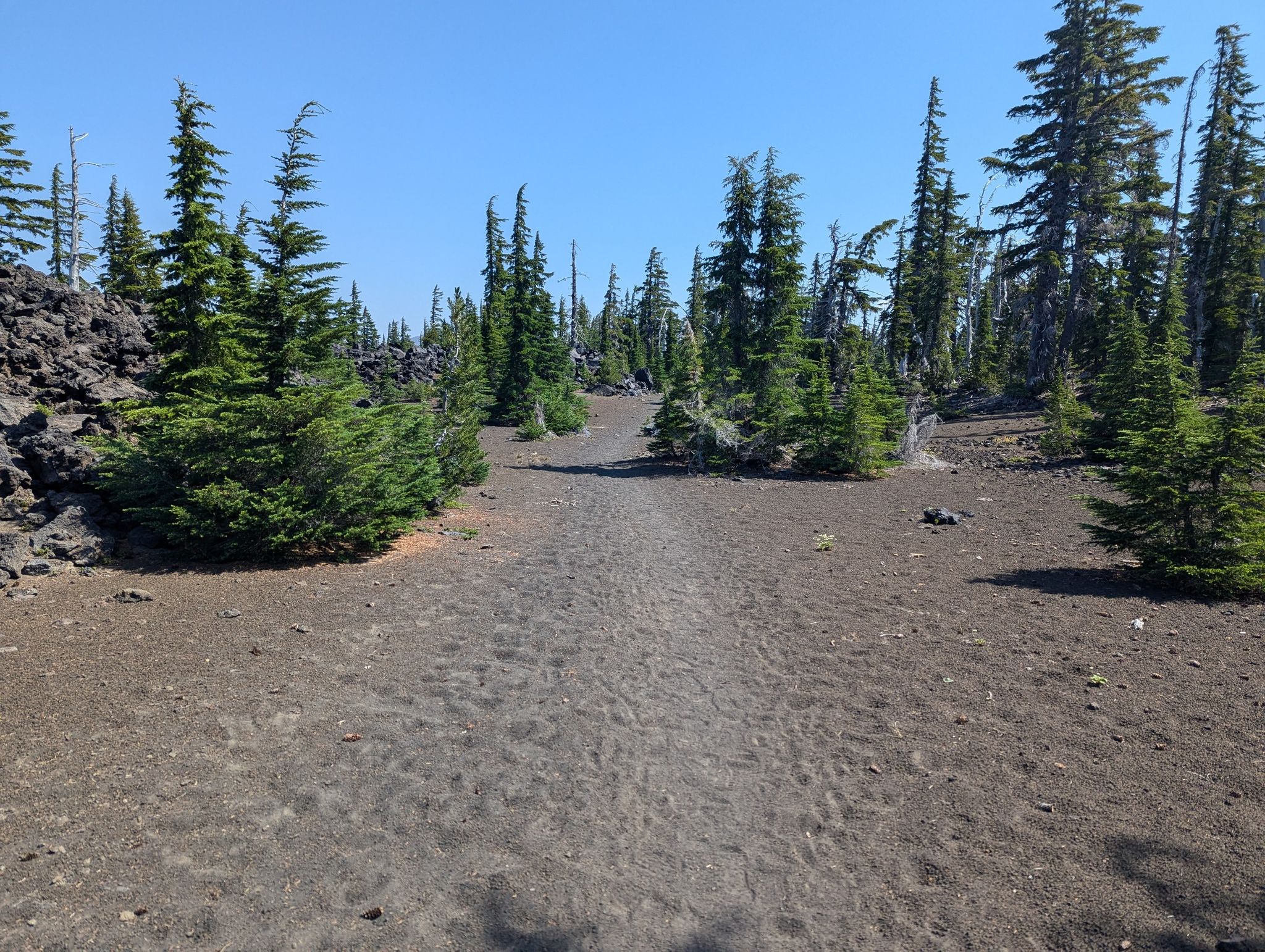 Wide dirt path through dark volcanic rock and scattered pine trees. - South Matthieu Lake – Yapoah Crater loop from Lava Camp Lake