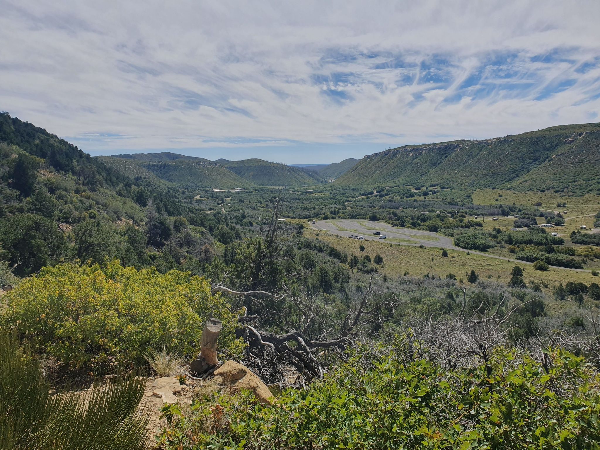 Lush green valley with distant hills under a bright, partly cloudy sky. - Knife Edge and Point Lookout Trail