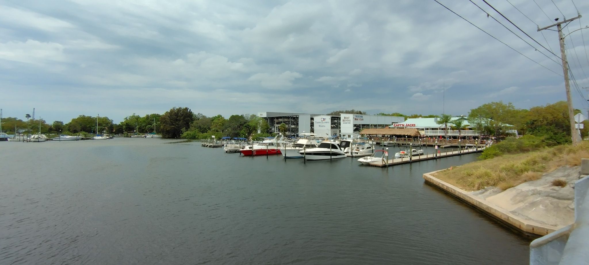 Marina with boats docked at piers, buildings, and green trees under cloudy sky. - Seven Springs loop