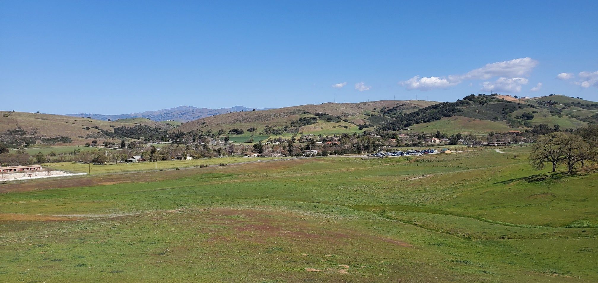 Expansive green fields and rolling hills with distant buildings under a clear sky. - Rancho San Vicente Trailhead loop from Rancho San Vicente Entrance