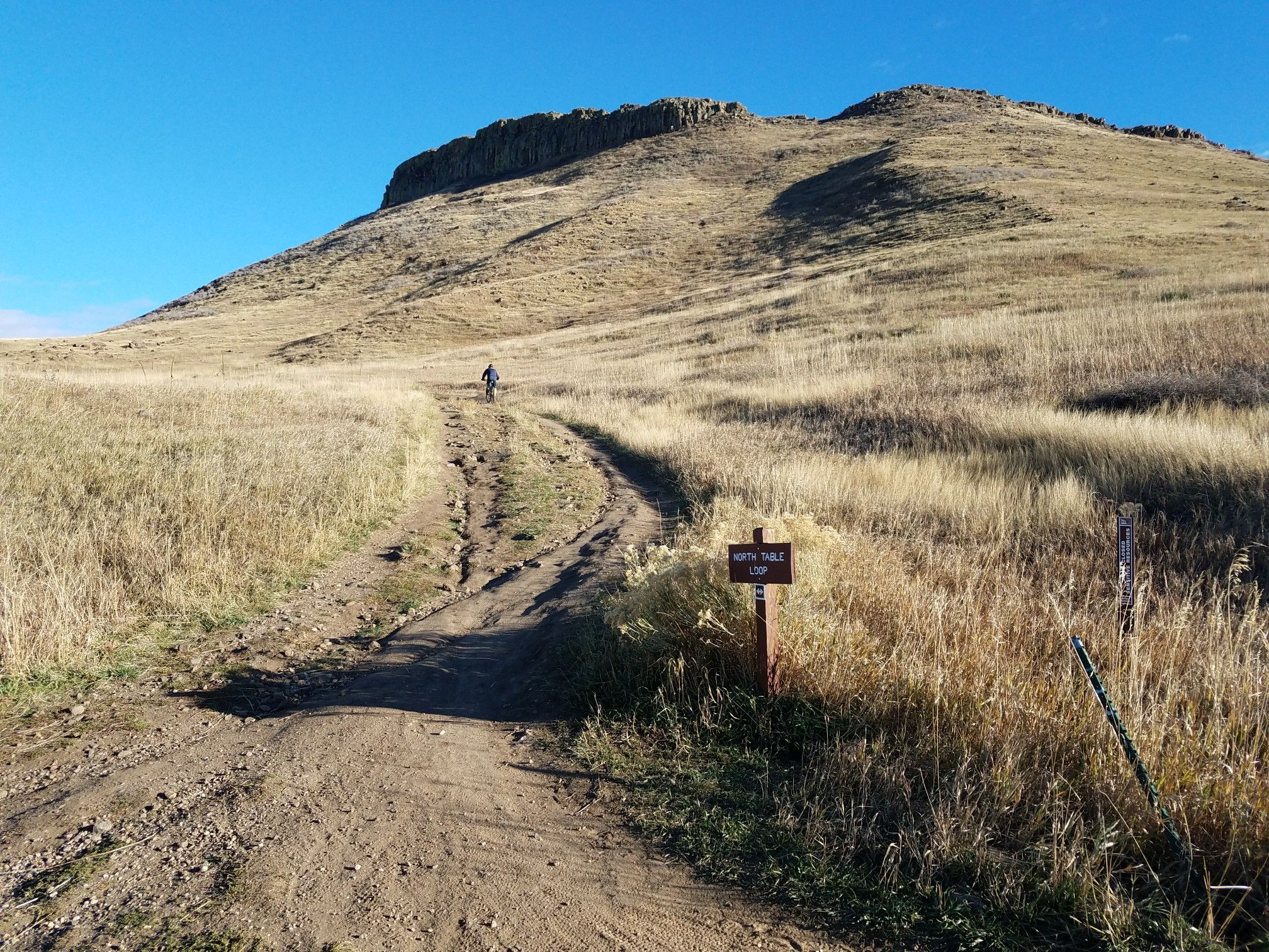 Person walking up a dirt road on a large grassy hill under blue sky. - Boardwalk heaven loop from North Table Mountain