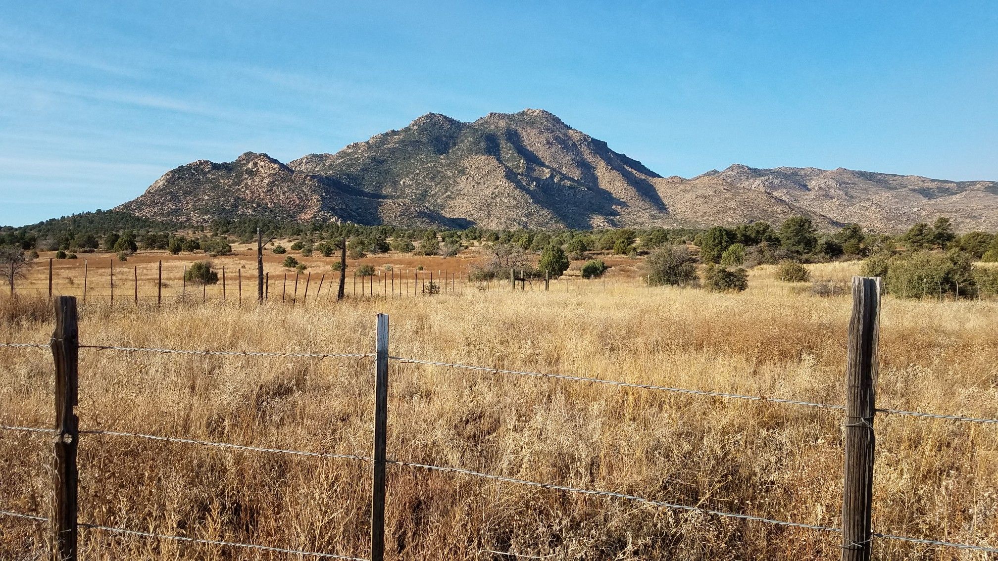 Sunny dry field with a fence and distant mountains under a blue sky. - Willow Trail #347