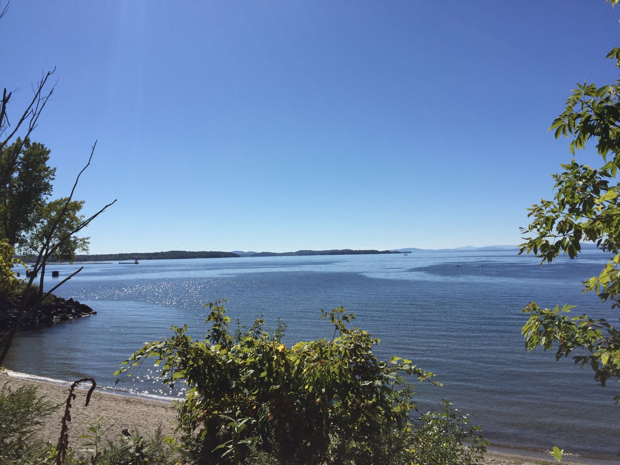 Wide view of a calm lake and distant shore under a bright blue sky. - Rock Point Trail Loop
