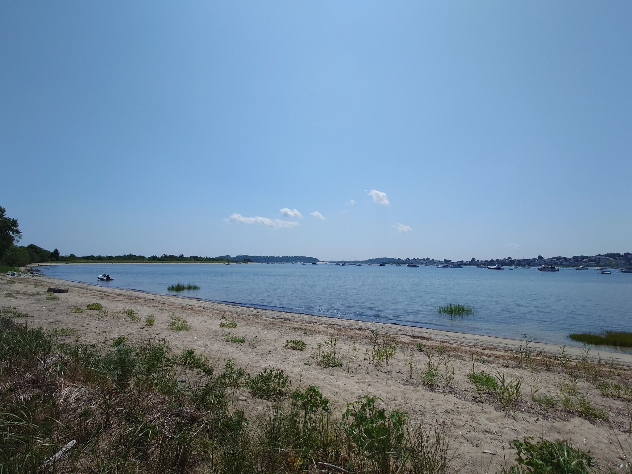 Sandy beach with sparse vegetation leading to calm water and distant boats. - Stage Island Trail loop from Sandy Point State Reservation