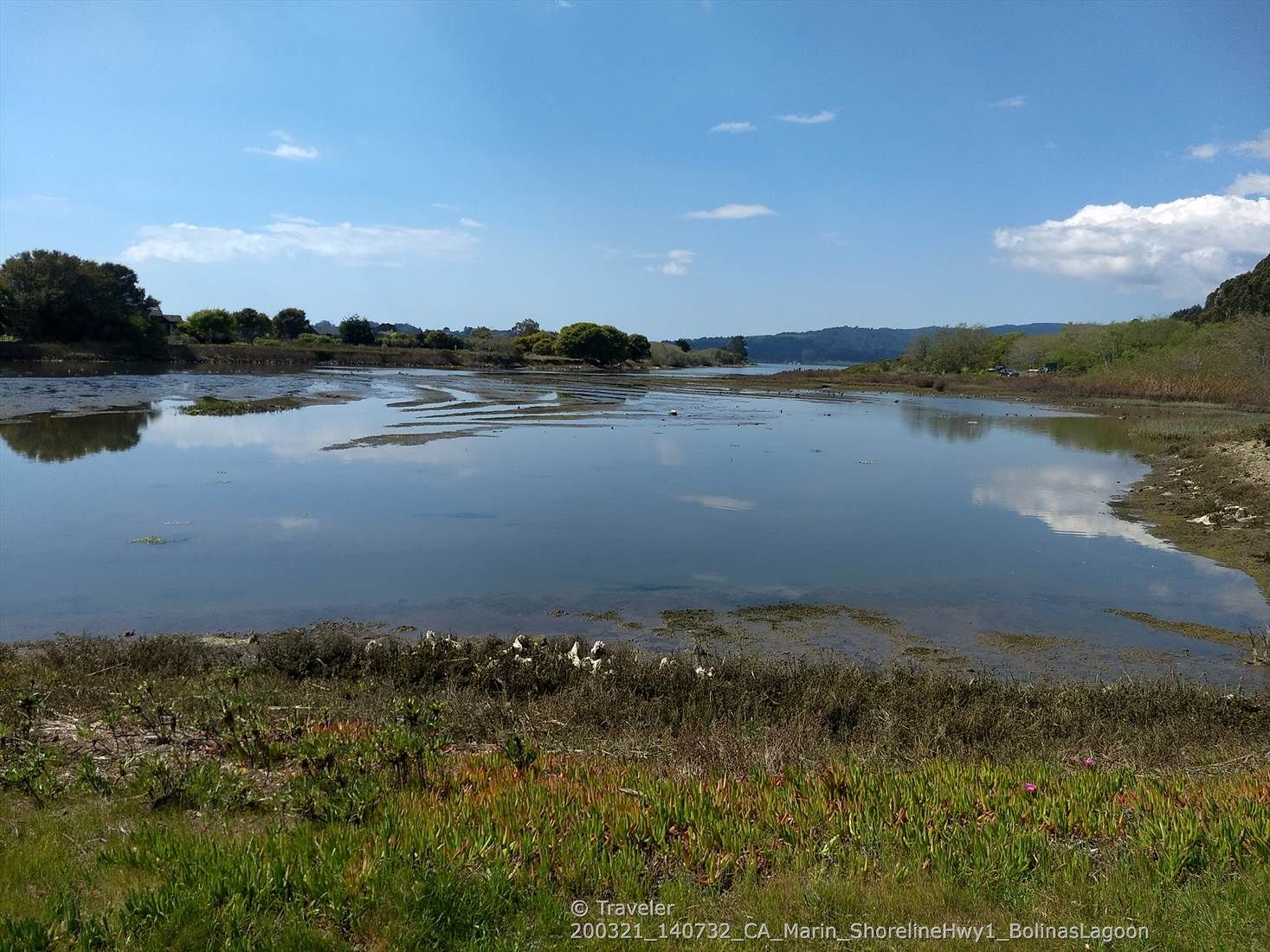 Wide, shallow water body reflecting the sky, surrounded by marshy grass. - Shoreline Highway loop from Sausalito
