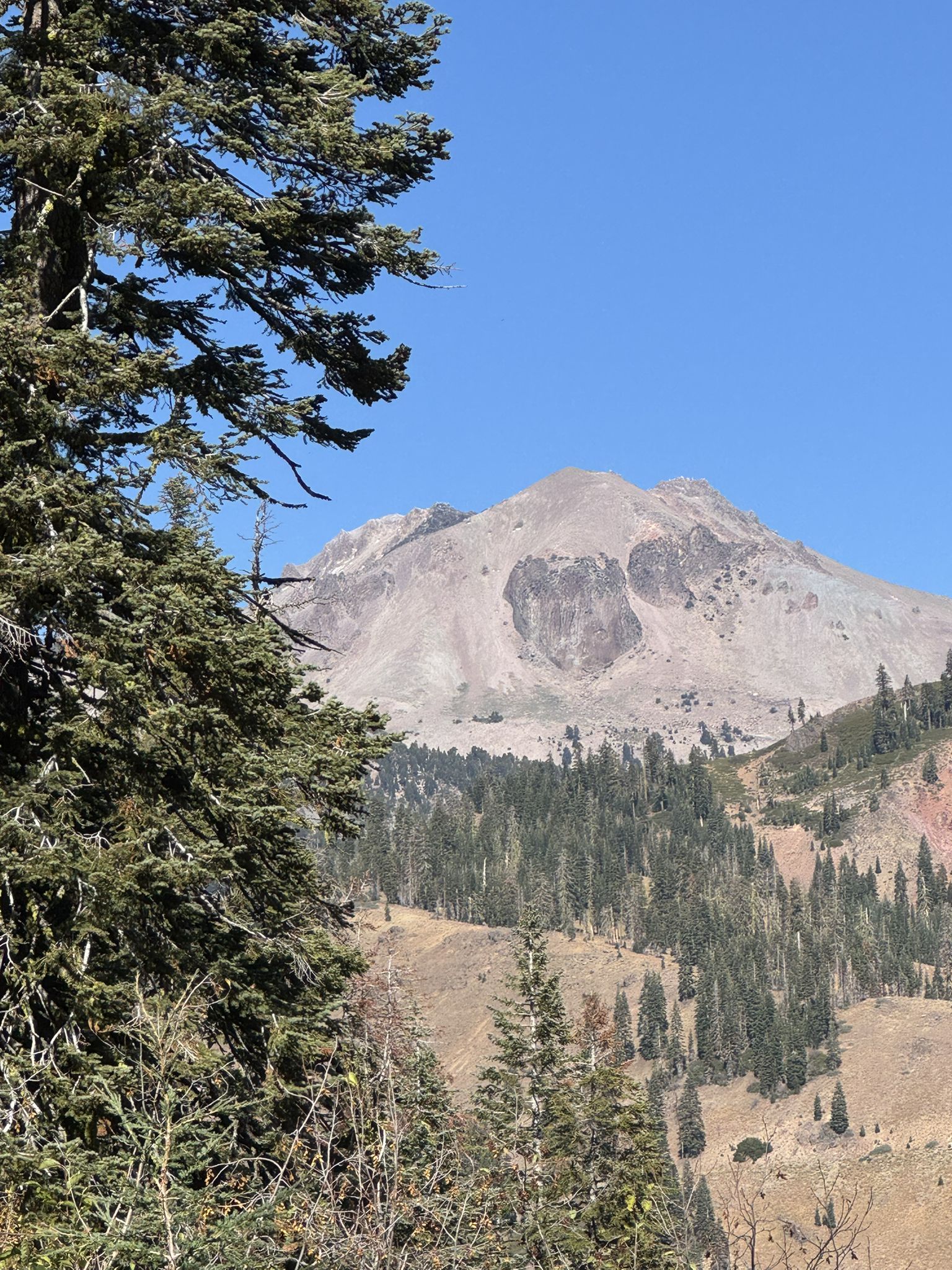 A large, rocky mountain dominates a landscape of green and brown forested slopes. - Forest Lake Trail
