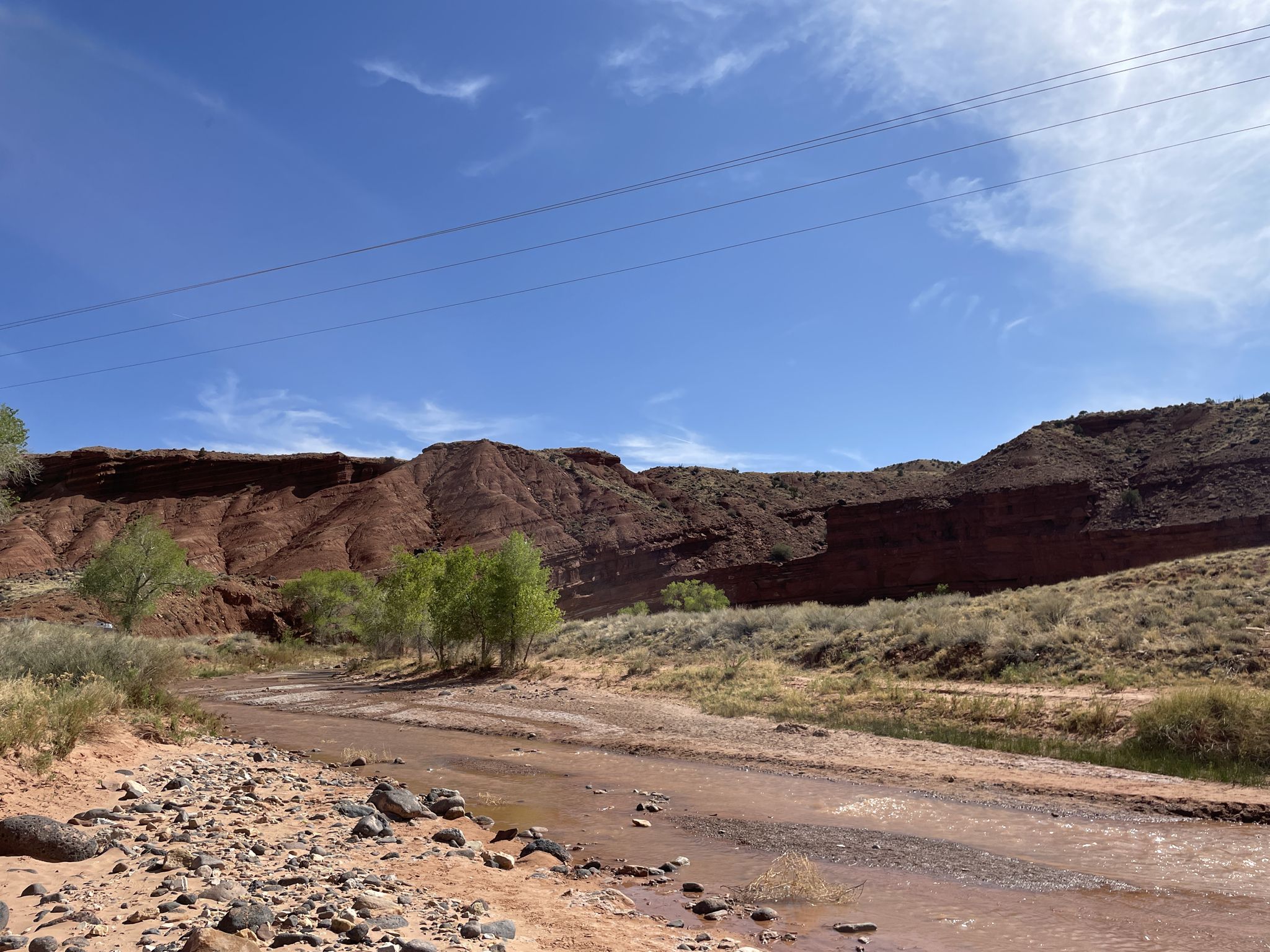 Dirt wash leads past green trees and red rock cliffs under a blue sky. - Sulphur Creek Trail