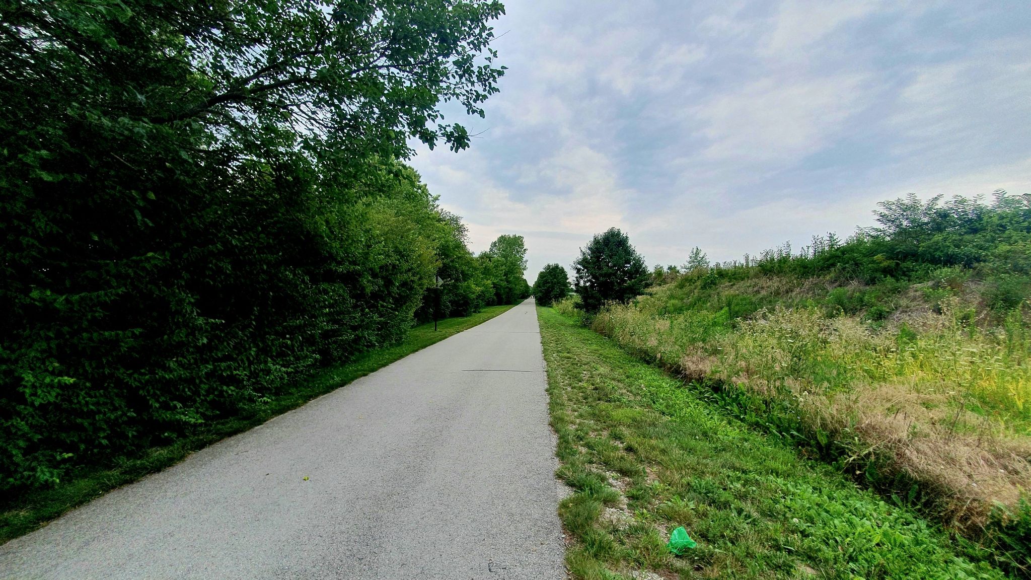 Paved path through green trees and grassy bank under an overcast sky. - Greenfield loop via Pennsy Trail
