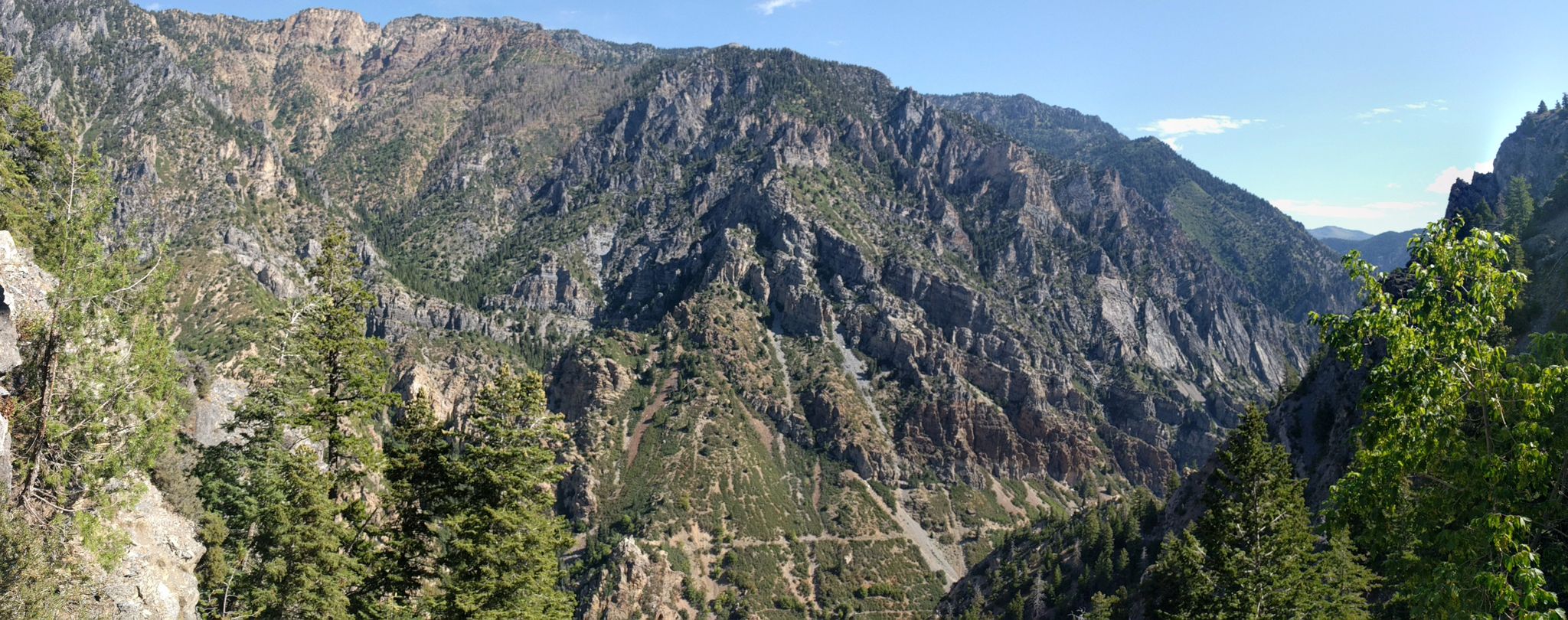 Panoramic view of rugged mountains covered in trees under a clear sky. - Timpanogos Cave Trail