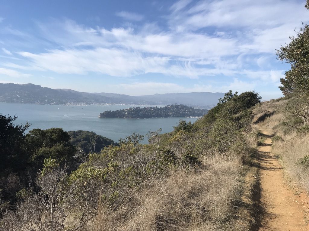 A dirt path on a sunny hill overlooking a bay with an island. - North Ridge and Sunset Trail Loop