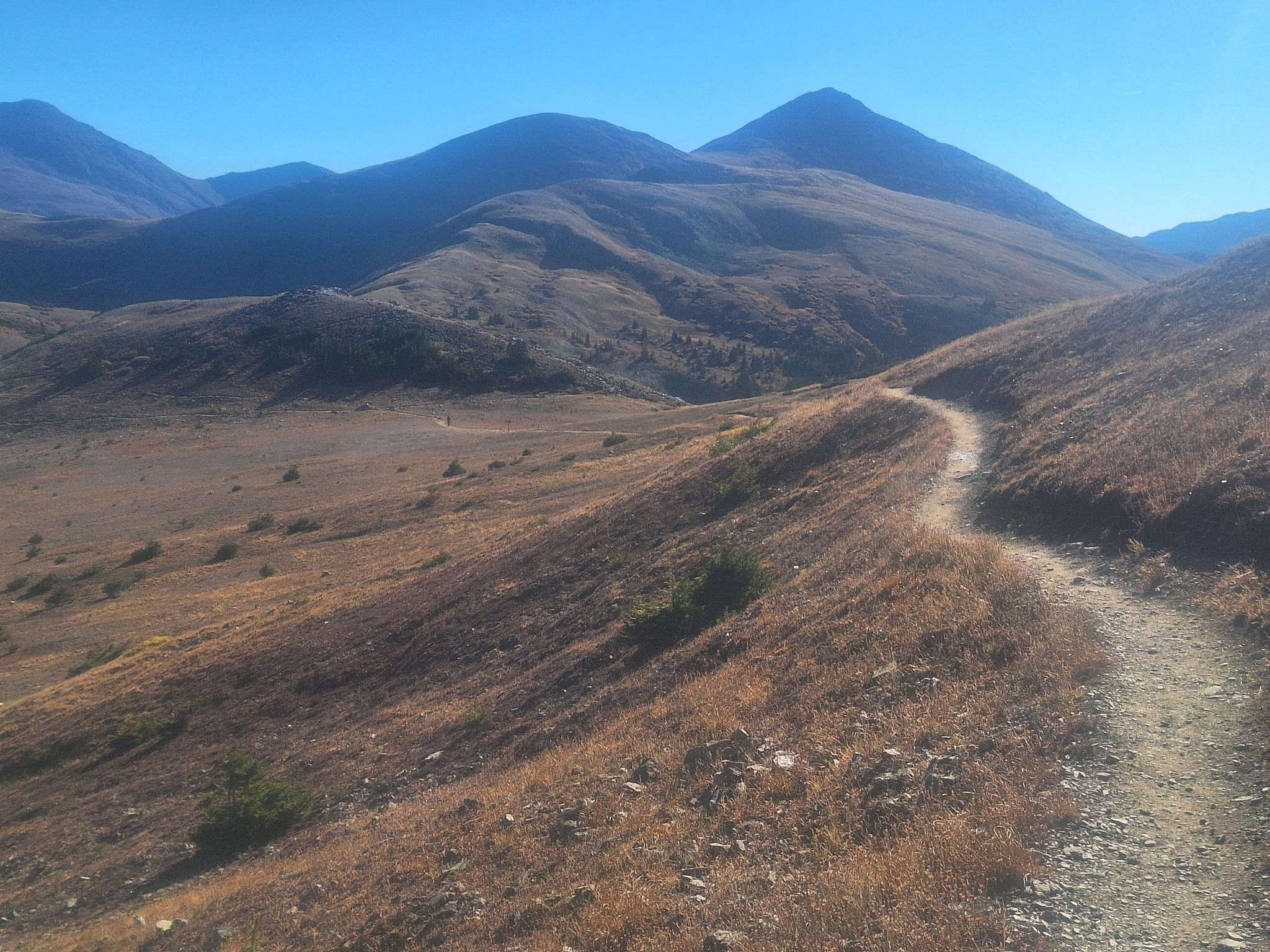 A winding dirt trail ascends dry, rolling hills under a clear blue sky. - Cottonwood Pass – View of Cow Lake loop from Continental Divide