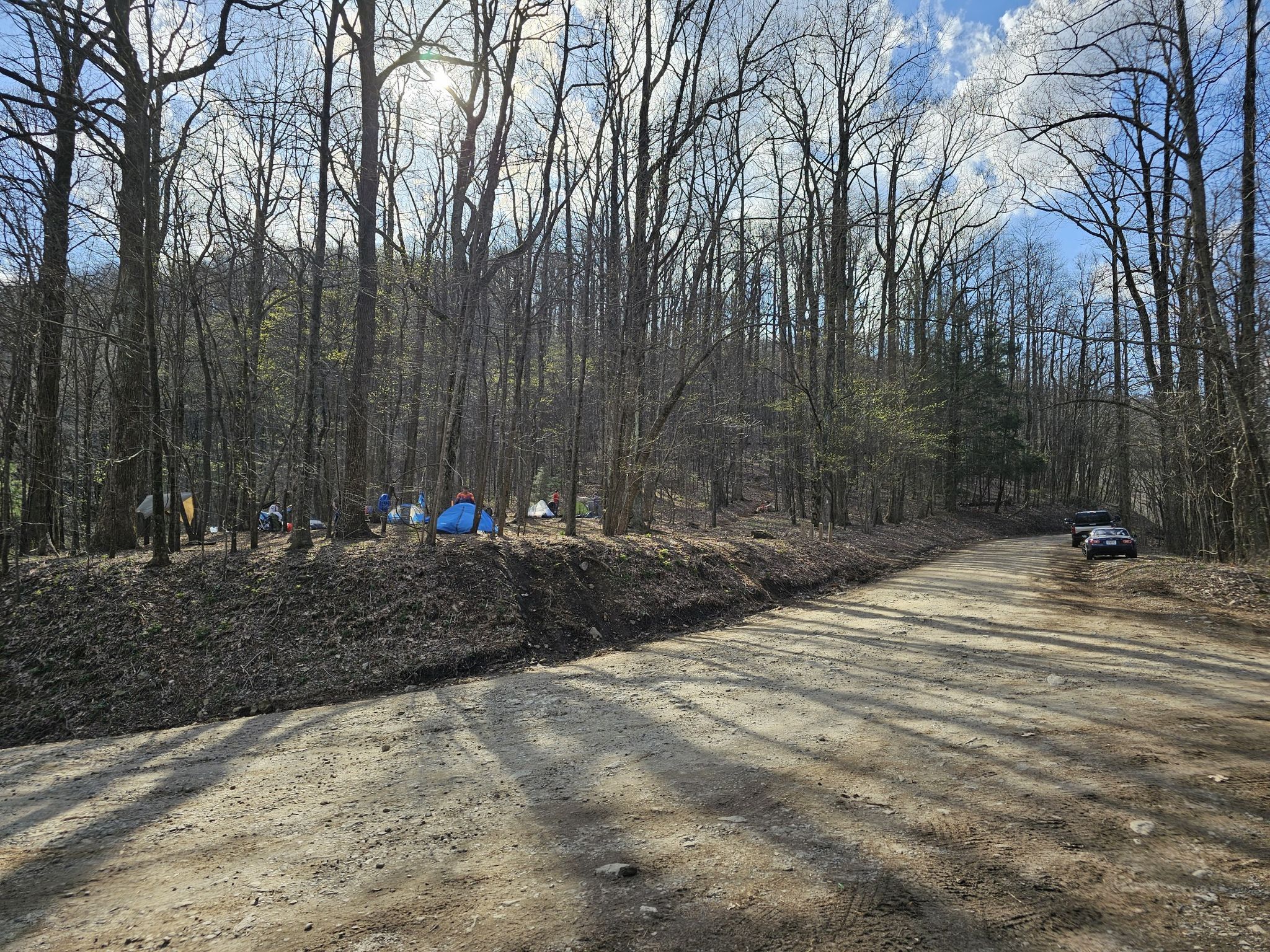 A dirt road next to a forest with several colorful tents and parked cars. - Sassafras Mountain loop from Sassafras Mountain
