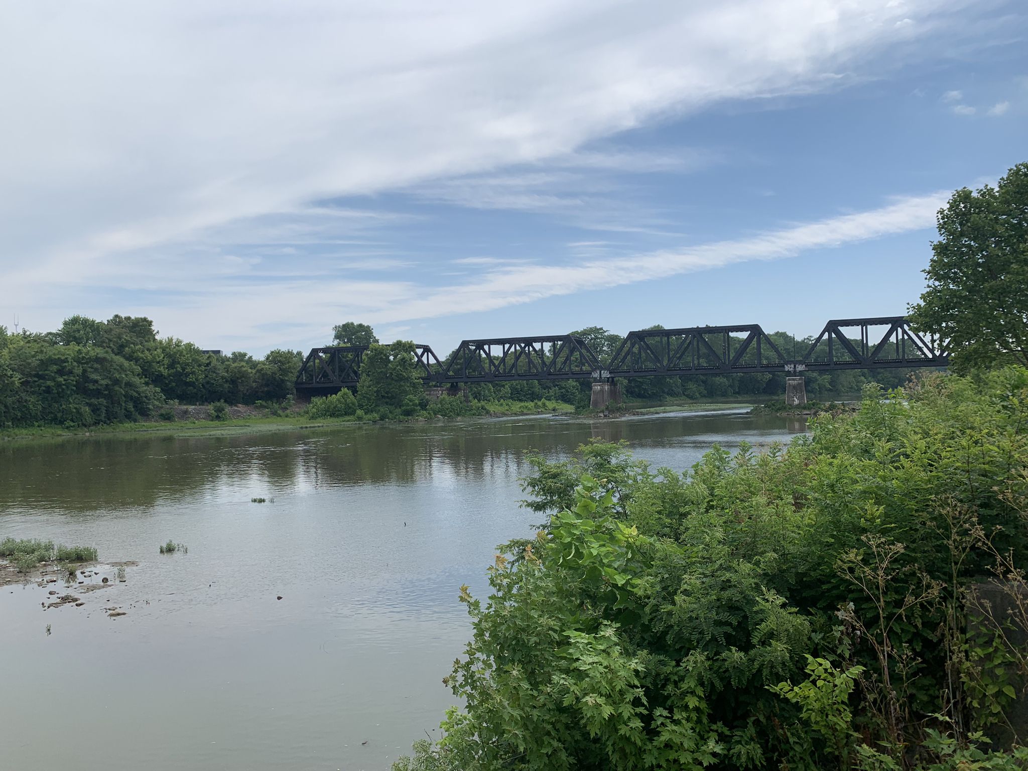 Wide river with a long, dark metal truss bridge and lush green trees. Overcast. - Olentangy River – Olentangy Trail loop from Riverlea