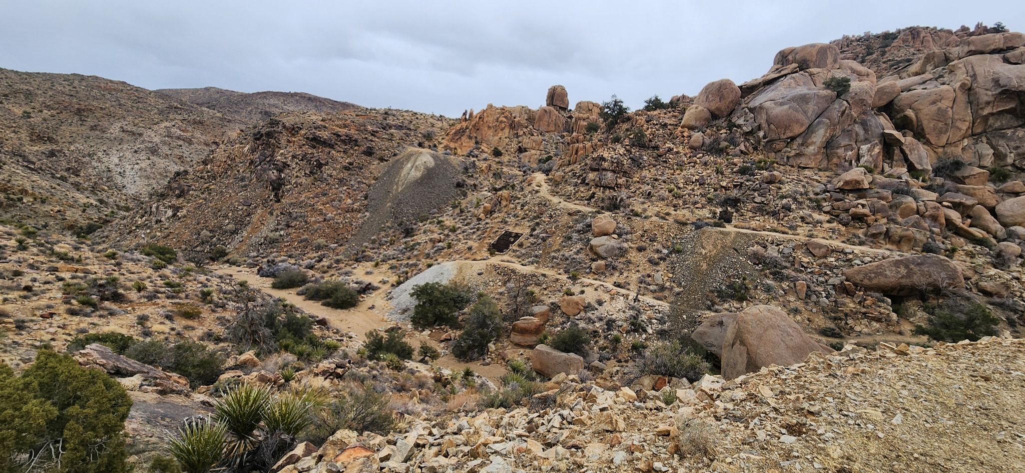 Overcast desert landscape with rocky hills, boulders, and sparse vegetation. - Desert Queen Mine and Eagle Cliff Mine Trail