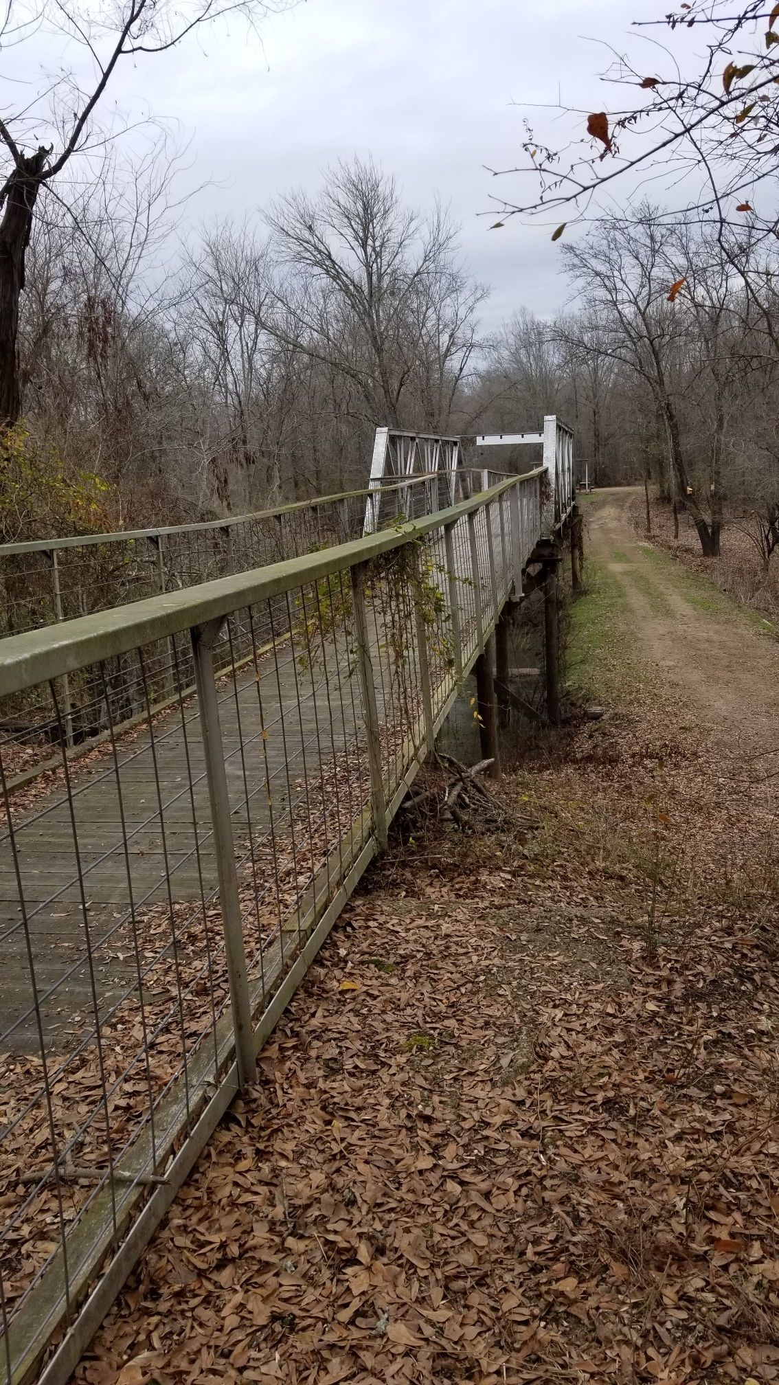 A wooden bridge extends over a dry creek bed, surrounded by bare trees. - Railbed Walking Trail