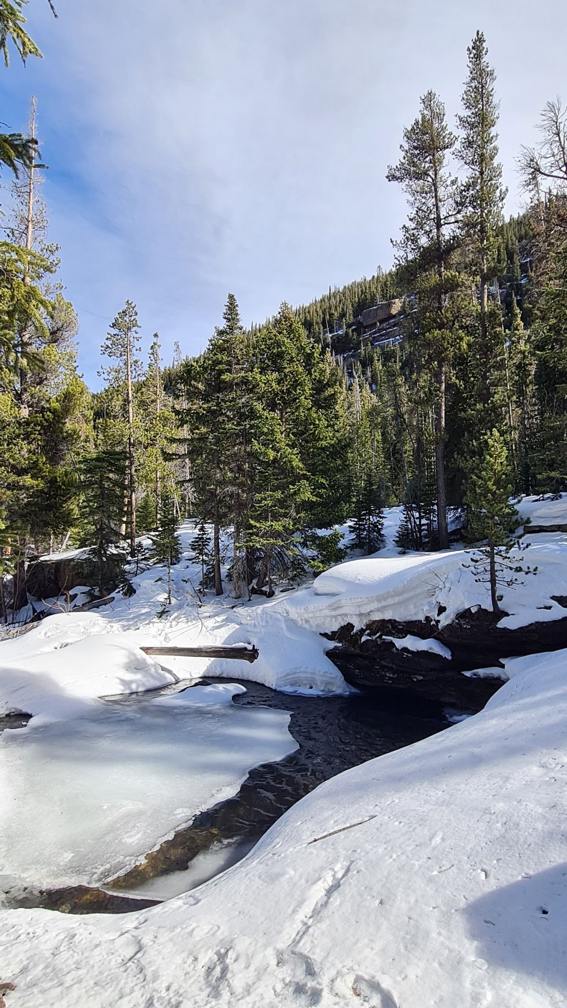 Partially frozen river in a snowy forest with a mountain under blue sky. - Copeland Falls loop from Copeland Lake