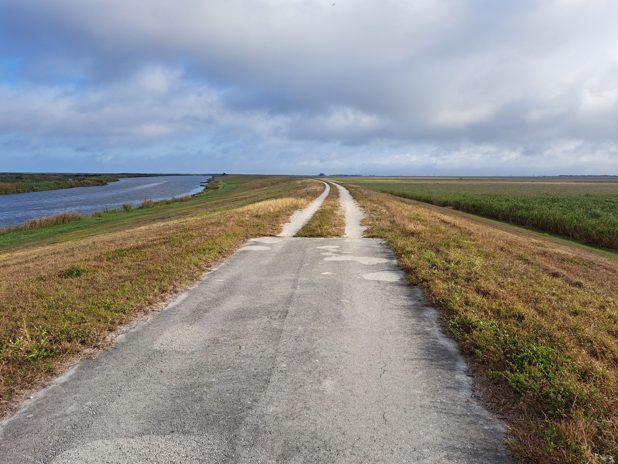 Paved road splitting into two dirt paths on a grassy levee, cloudy sky. - Lake Okeechobee Scenic Trail