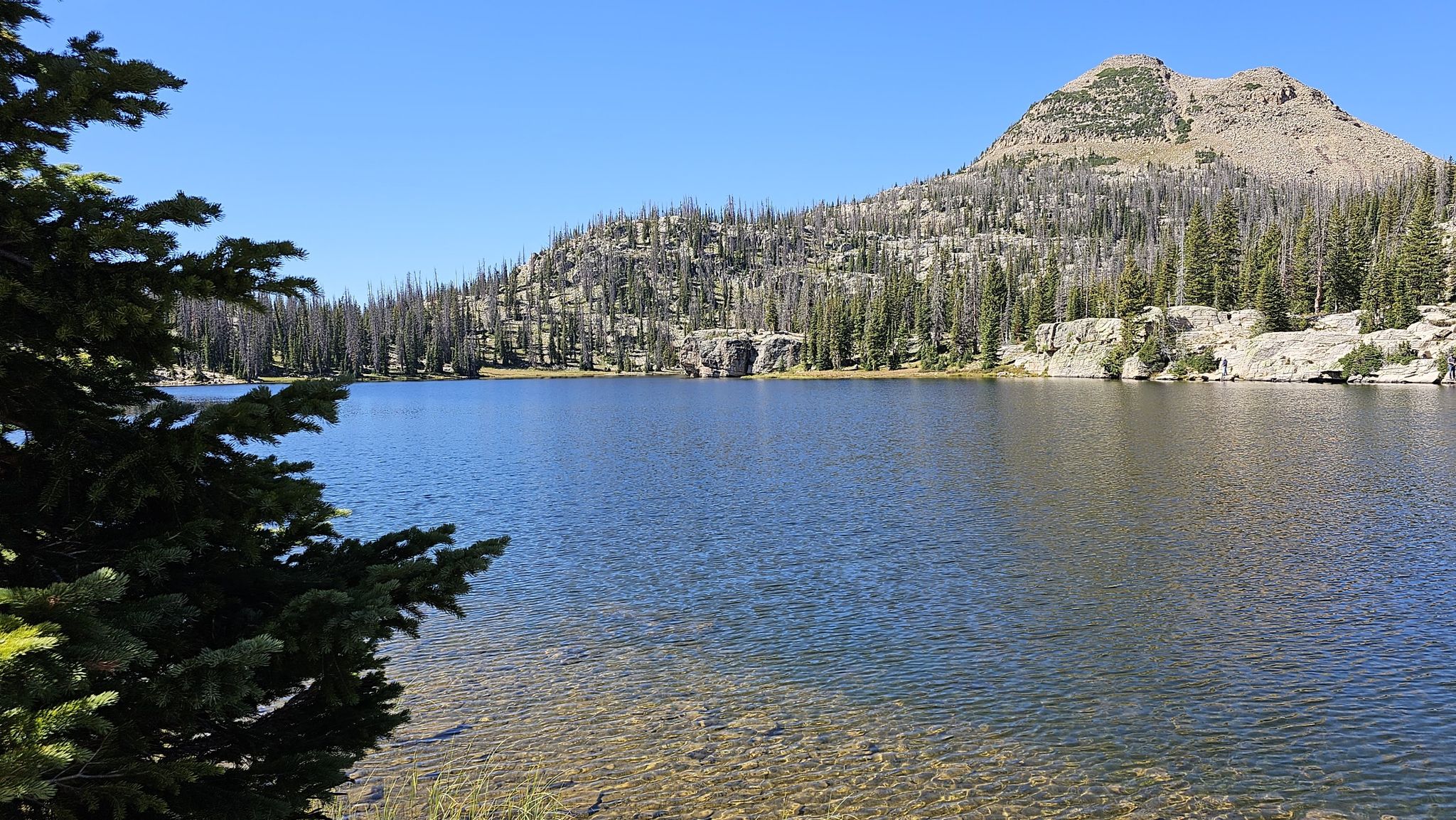 Clear blue lake with a distant mountain and pine trees under a bright sky. - Lakes Country Trail