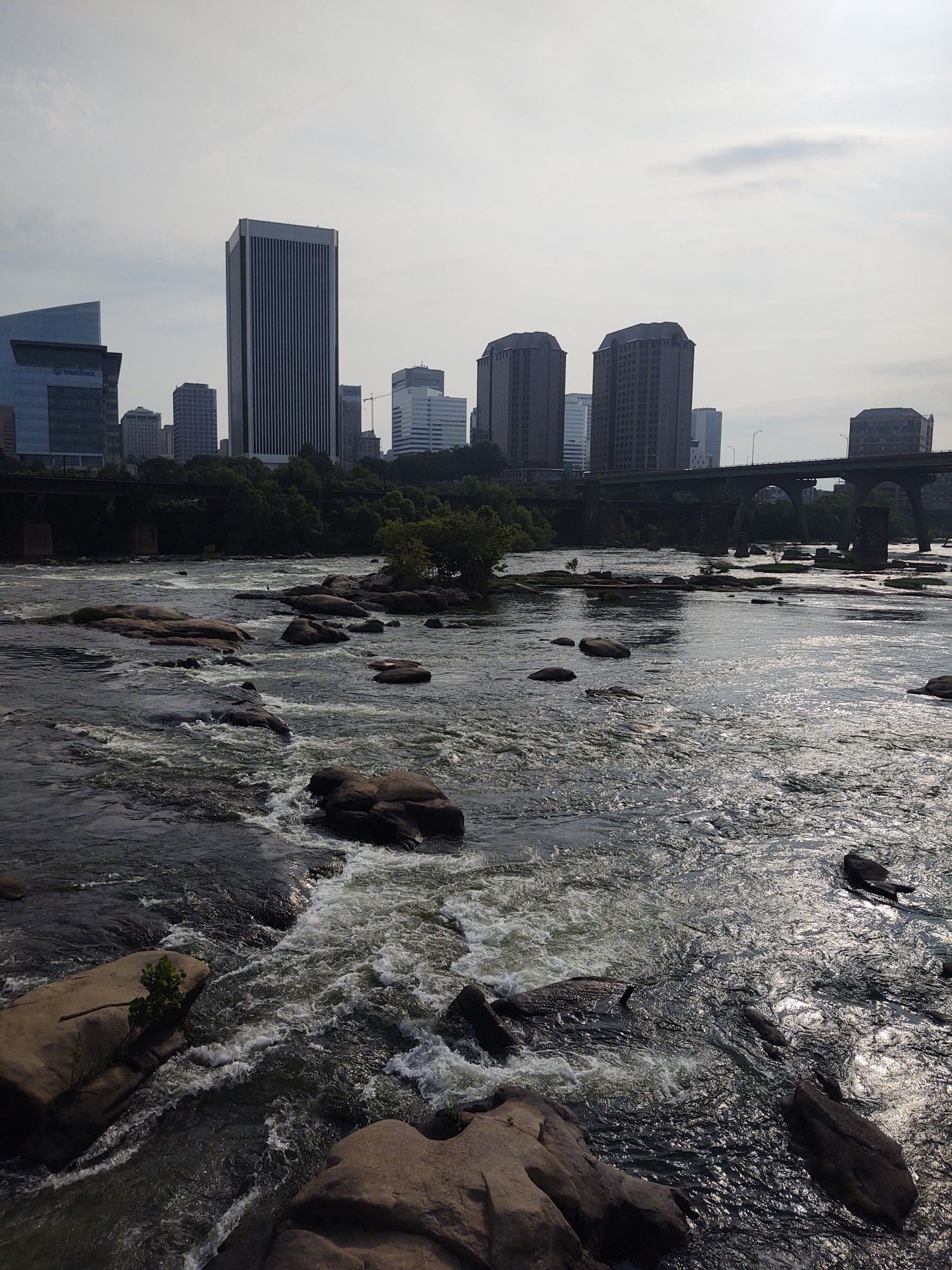 Rocky river with rapids and a distant city skyline under an overcast sky. - Dock Street Park – Brown's Island loop from Richmond Staples Mill Road