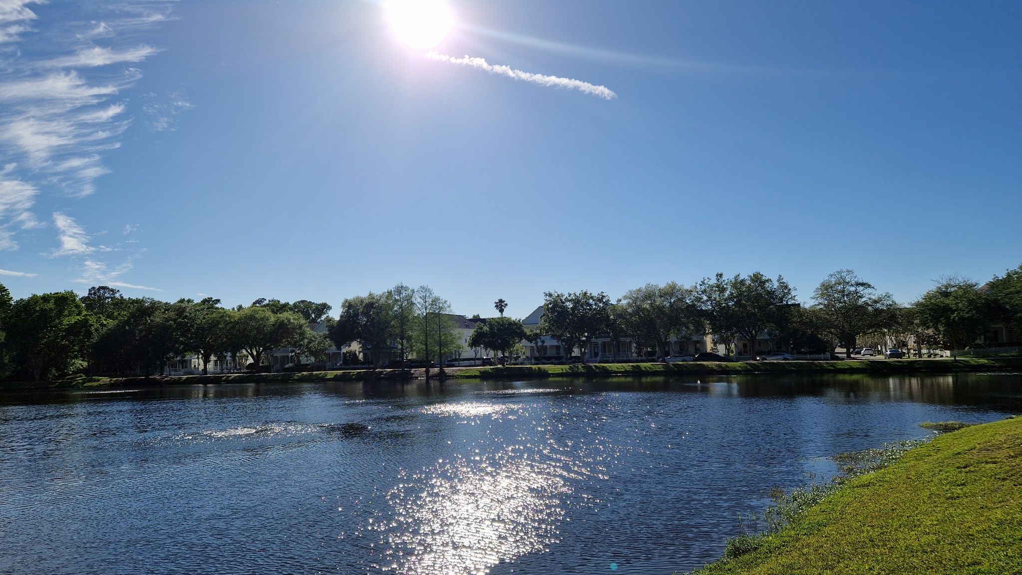 Bright sun shines over a sparkling lake with green banks and distant trees. - Gatorland Wildlife Park – Crocodile in Lake Evalyn loop from Pearl's Train Depot (Exit Only)