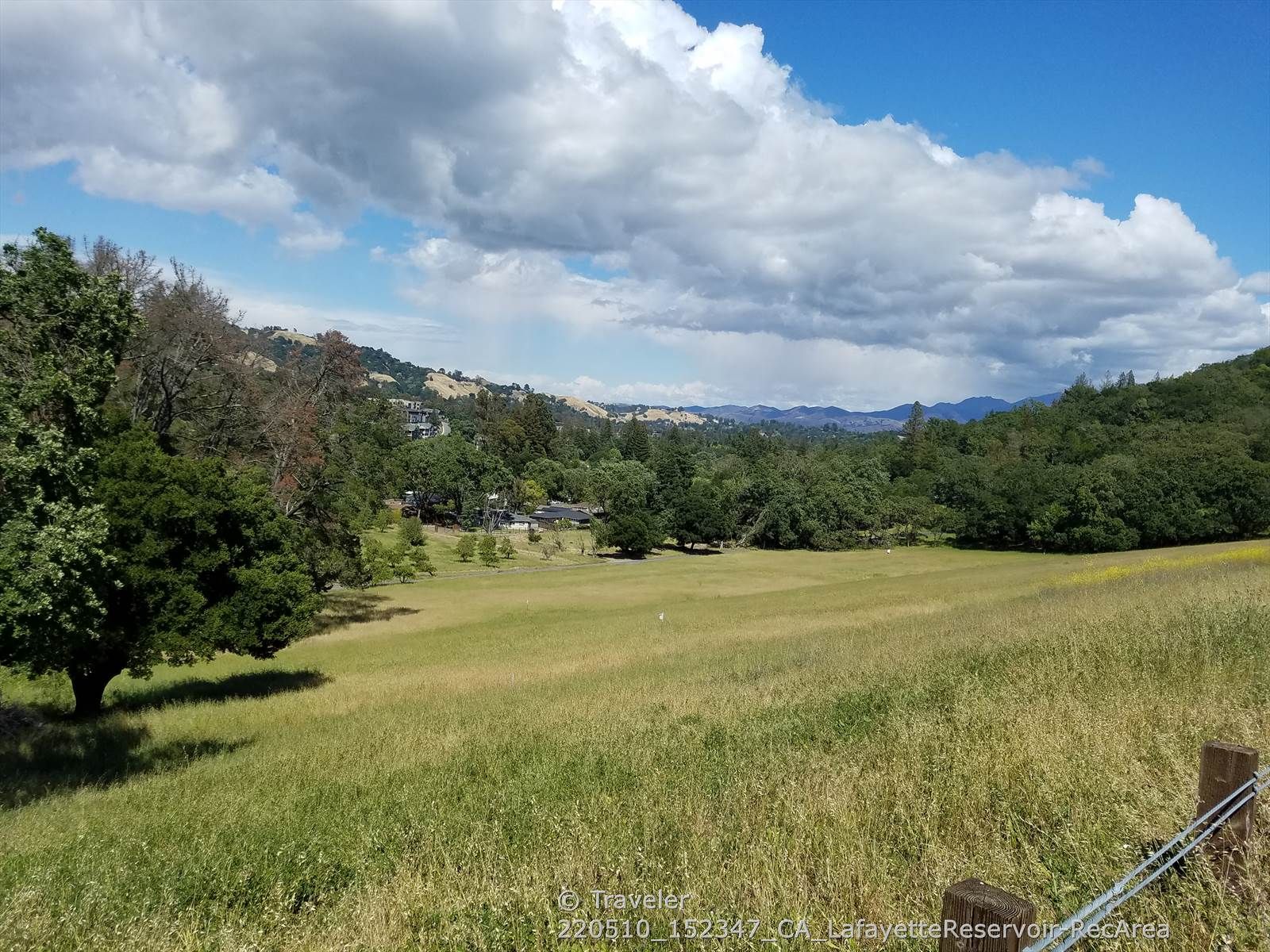 Expansive green field surrounded by trees and distant hills under clouds. - Lafayette – Iron Horse Trail loop from Poppy