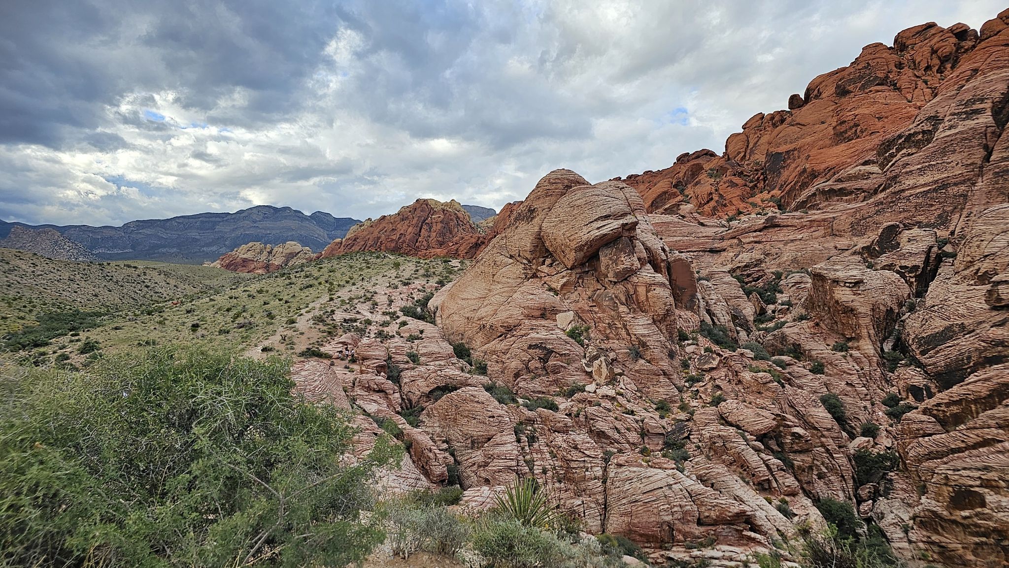 Dramatic red rock formations under a cloudy sky, with desert vegetation. - Grand Circle, Turtlehead Peak, and White Rock Loop