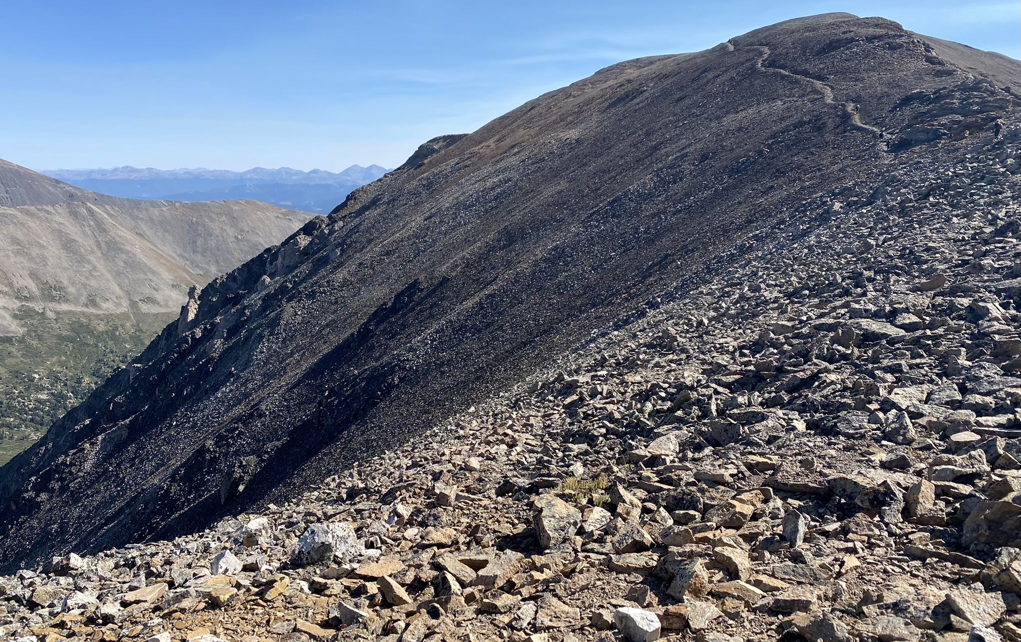 Steep, rocky mountain slope with a winding trail under clear skies. - The DeCaLiBron (Democrat, Cameron, Lincoln, & Bross) Loop