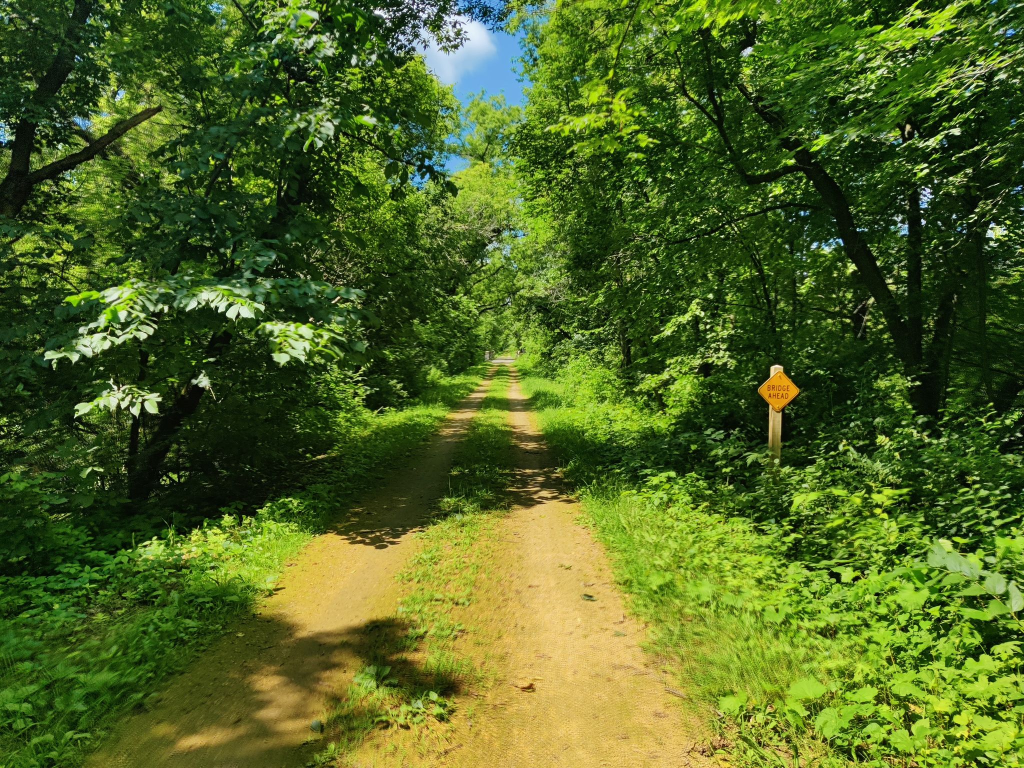 A sunny dirt path through a green forest with a yellow sign. - La Crosse River State Trail