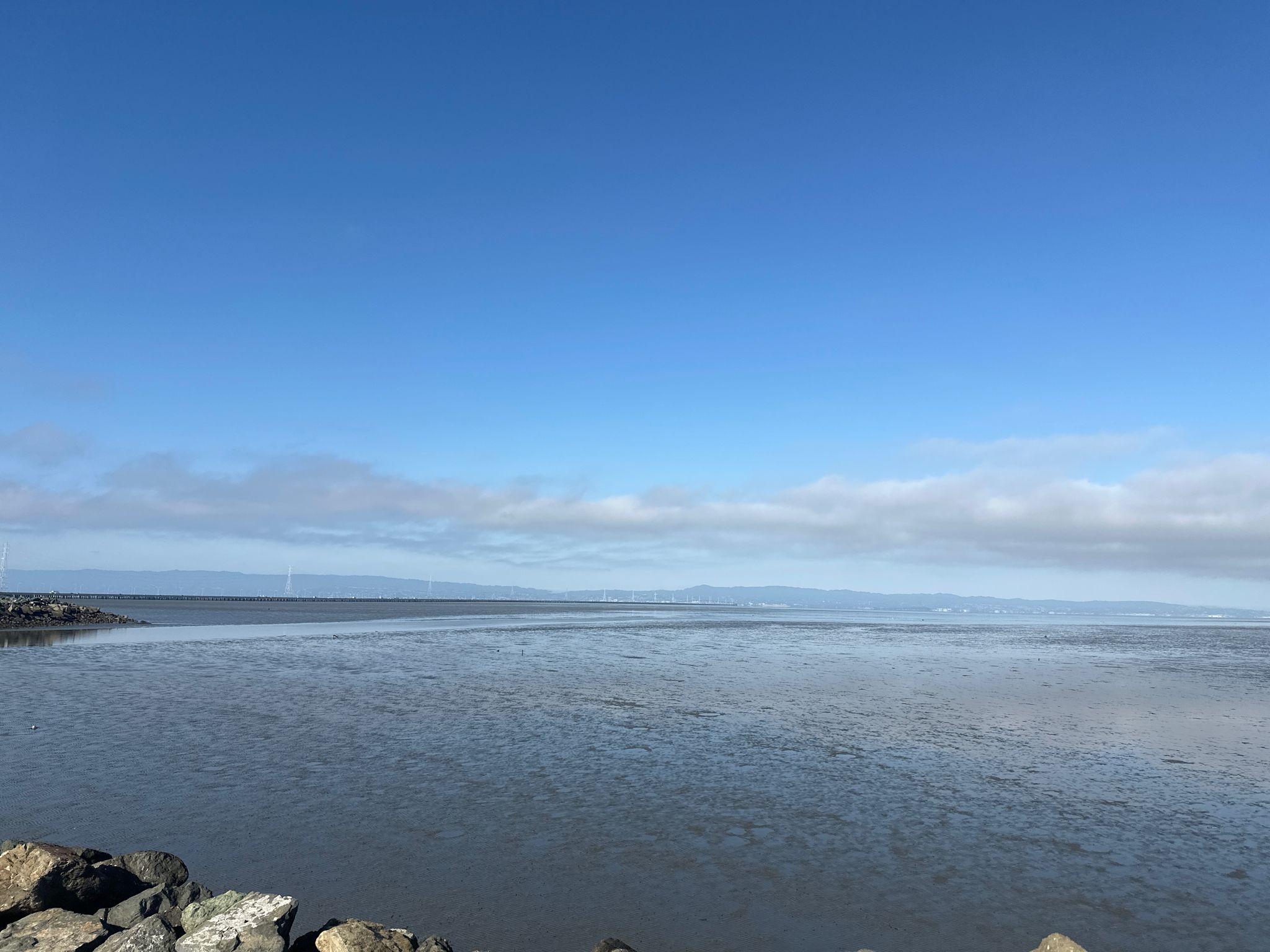 A wide expanse of calm water under a blue sky with scattered clouds. - Cogswell Marsh Trail