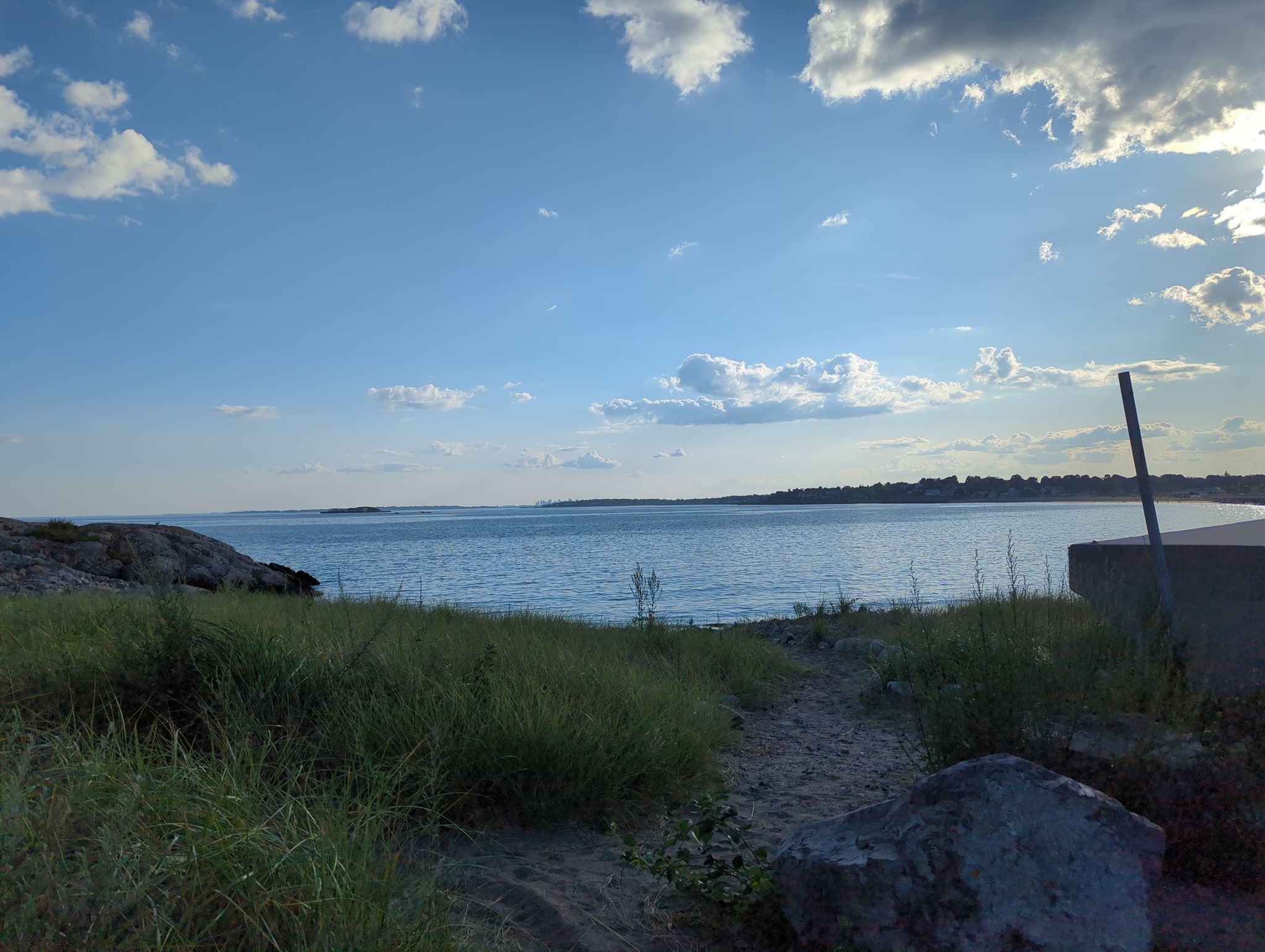 Grassy foreground overlooking a wide blue ocean under a sunny, cloudy sky. - Riverhead Beach loop from Marblehead