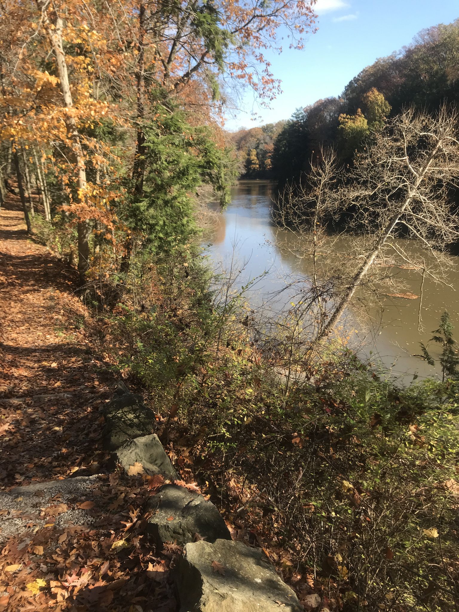 A dirt path alongside a river with autumn trees under a sunny sky. - Mill Creek Suspension Bridge – Lanterman's Mill loop from Mill Creek Park