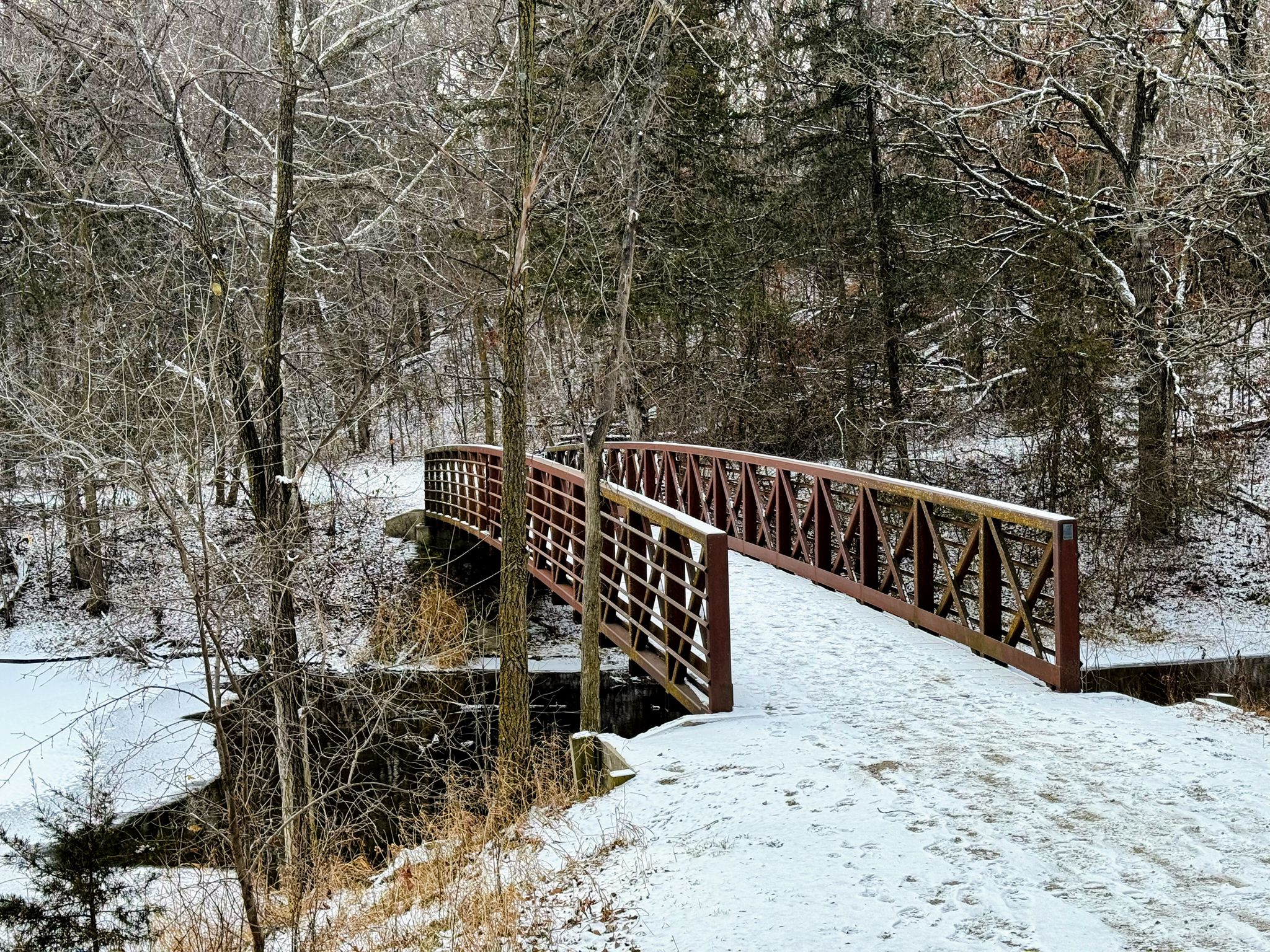 A wooden bridge covered in snow spans a stream in a winter forest. - Warner Lake loop from Warner Lake
