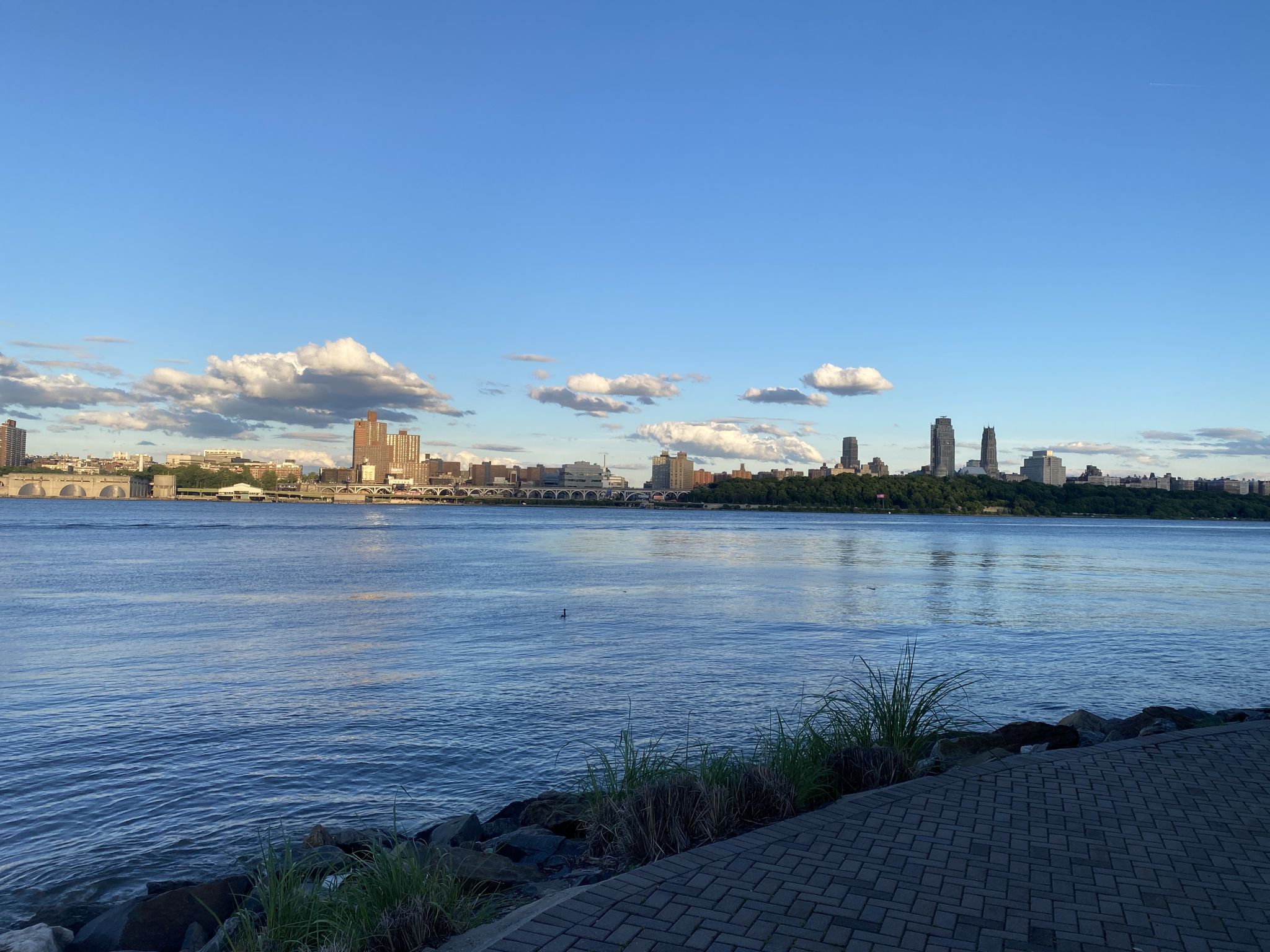 Calm river with a distant city skyline under a bright blue sky. - Hudson River Waterfront Walkway: Edgewater