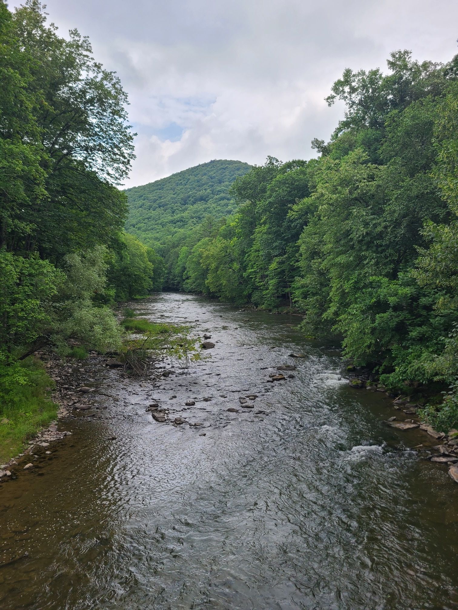 River flowing through a forested valley under a cloudy sky. - Poe Valley State Park loop via Penns Path