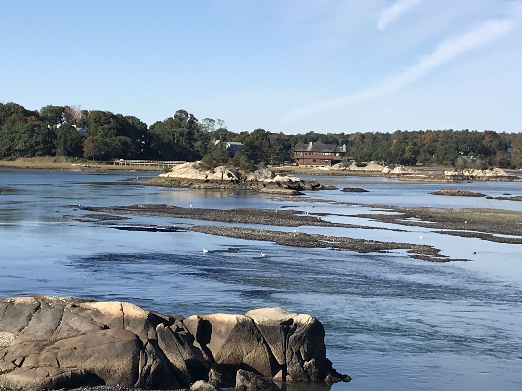 Sunny view of a wide river with rocky islands and distant treeline. - Scituate Light – Atlantic Avenue loop from West Hingham