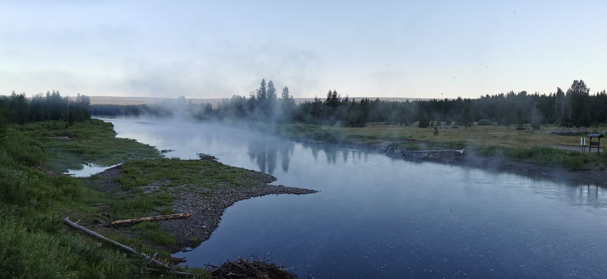 Misty river at dawn with forested banks and calm water. - Jackson Lake Dam – Signal Mountain Overlook loop from Jackson Lake Lodge