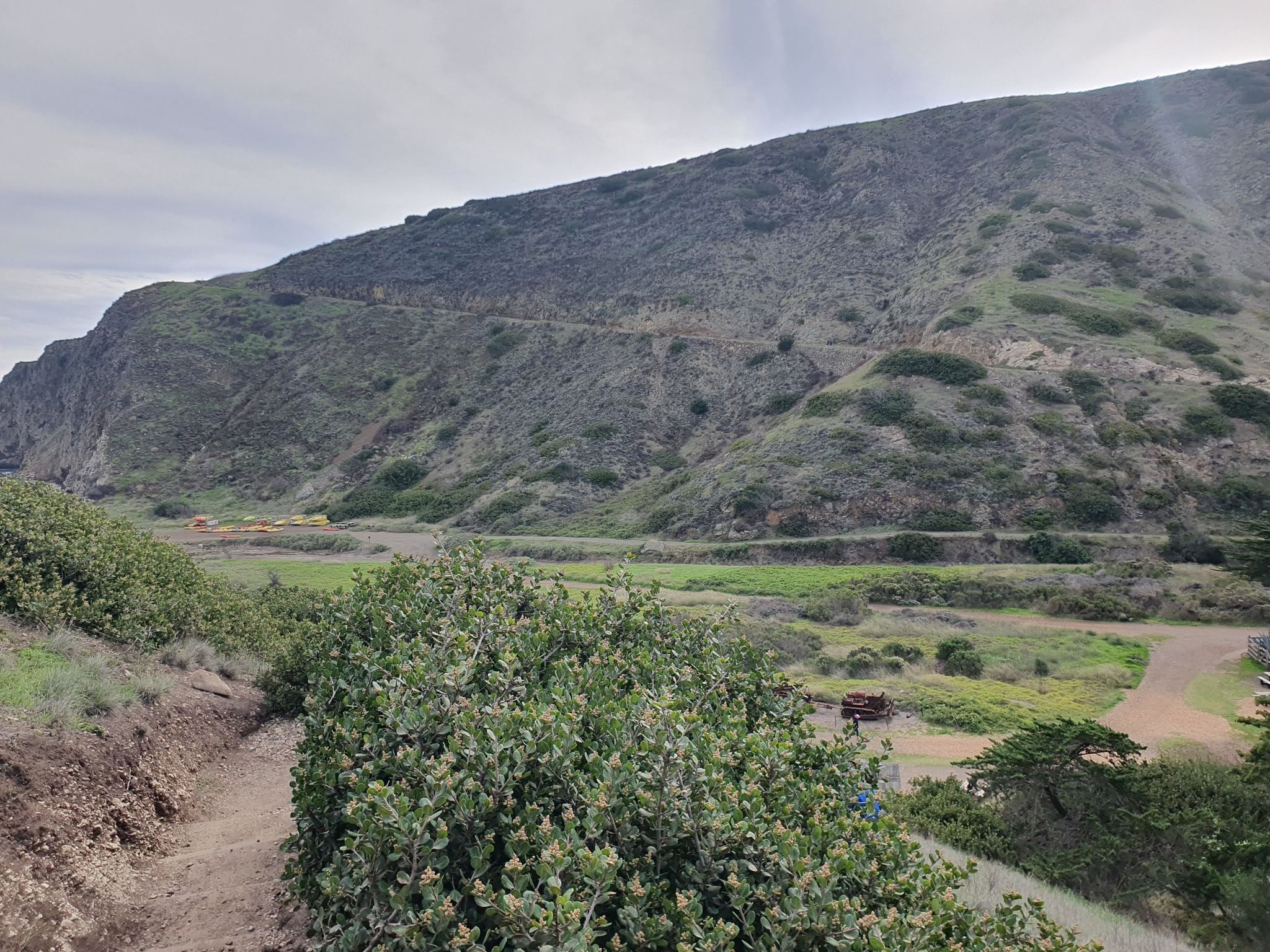 Green hills rise above a valley with a dirt path under an overcast sky. - Scorpion Canyon, Potato Harbor and North Bluff Loop