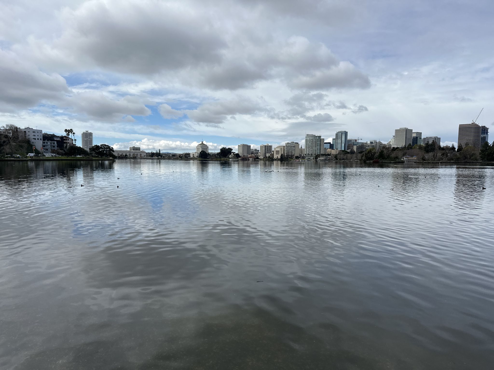 A wide body of water reflecting a city skyline under a cloudy sky. - Lakeshore Park – Camron-Stanford House Museum loop from Mills College at Northeastern University