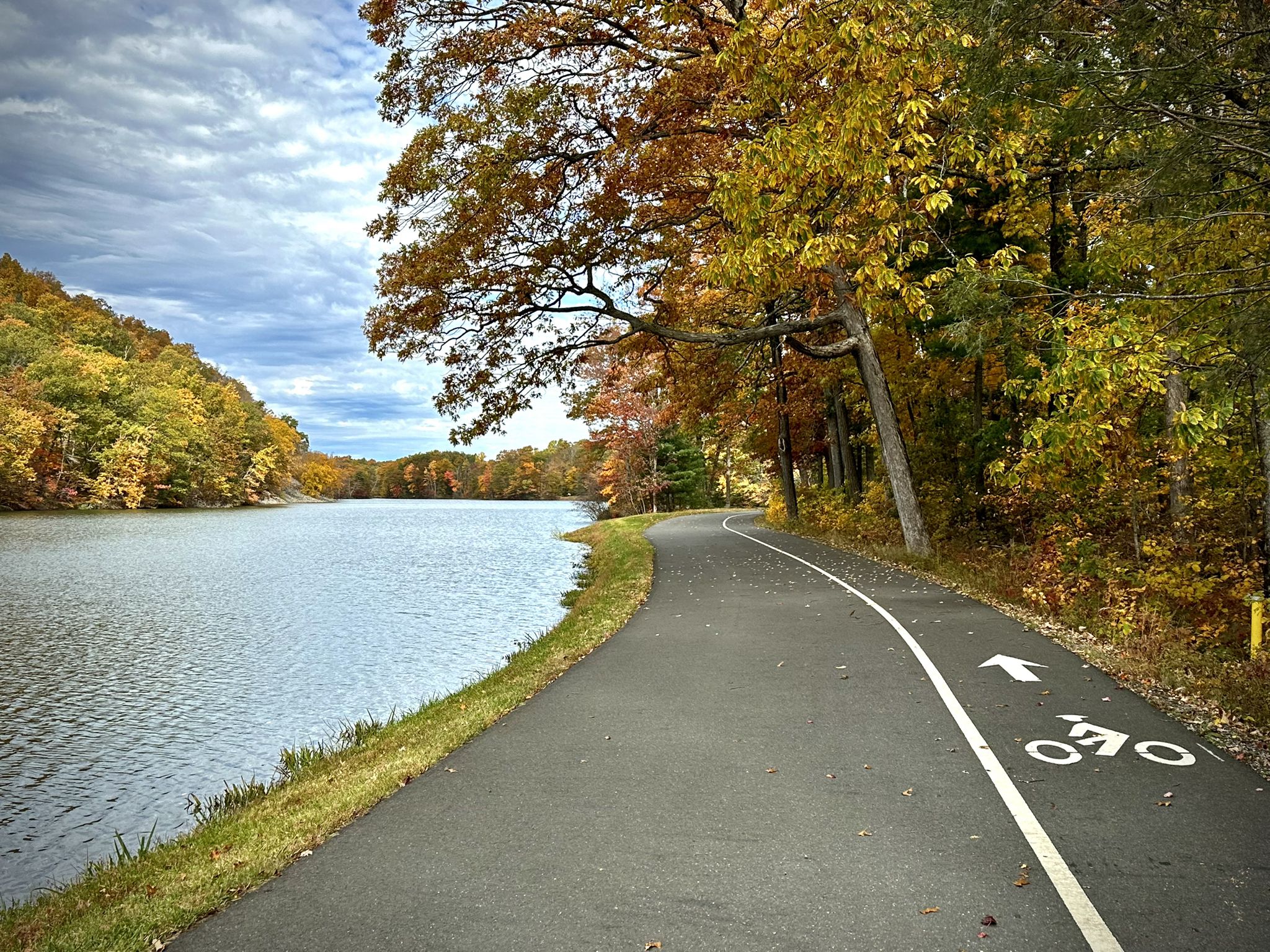 Paved bike path runs beside a lake, bordered by colorful autumn trees. - View of Reservoir Number 3 Dam loop from West Hartford Reservoirs Recreation Area