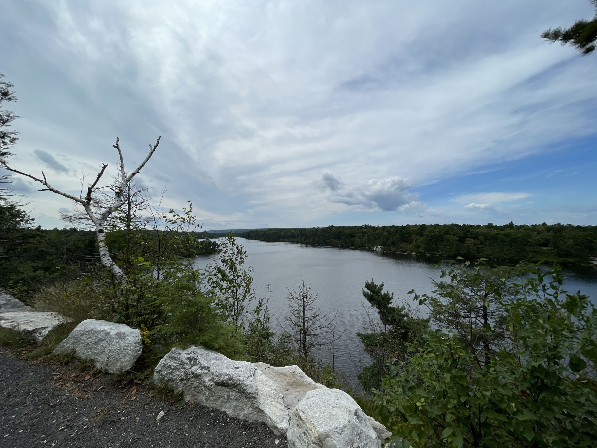 Wide river view from a rocky overlook, surrounded by green forest under cloudy sky. - Lower and Lake Awosting Carriageways Loop
