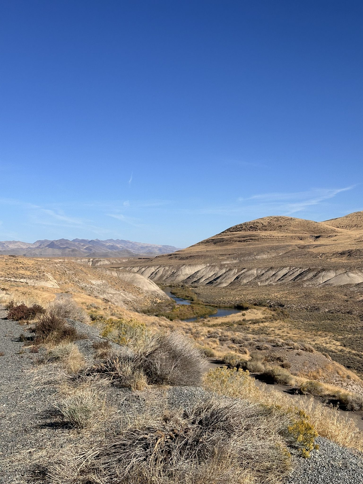 Arid landscape with a winding river through dry hills under a clear sky. - Wadsworth, Nevada to Pyramid Lake