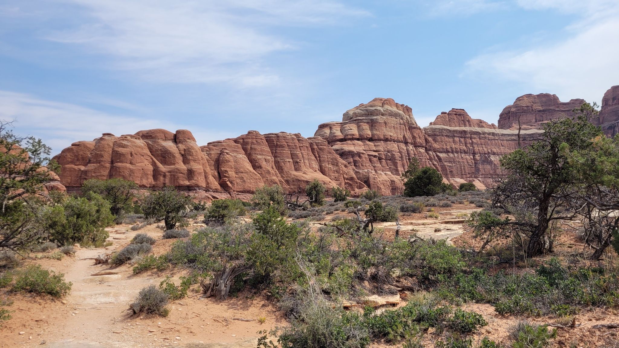 Red rock formations and desert shrubs under a partly cloudy sky. - Squaw Flat Trailhead loop from Salt Flat Trailhead