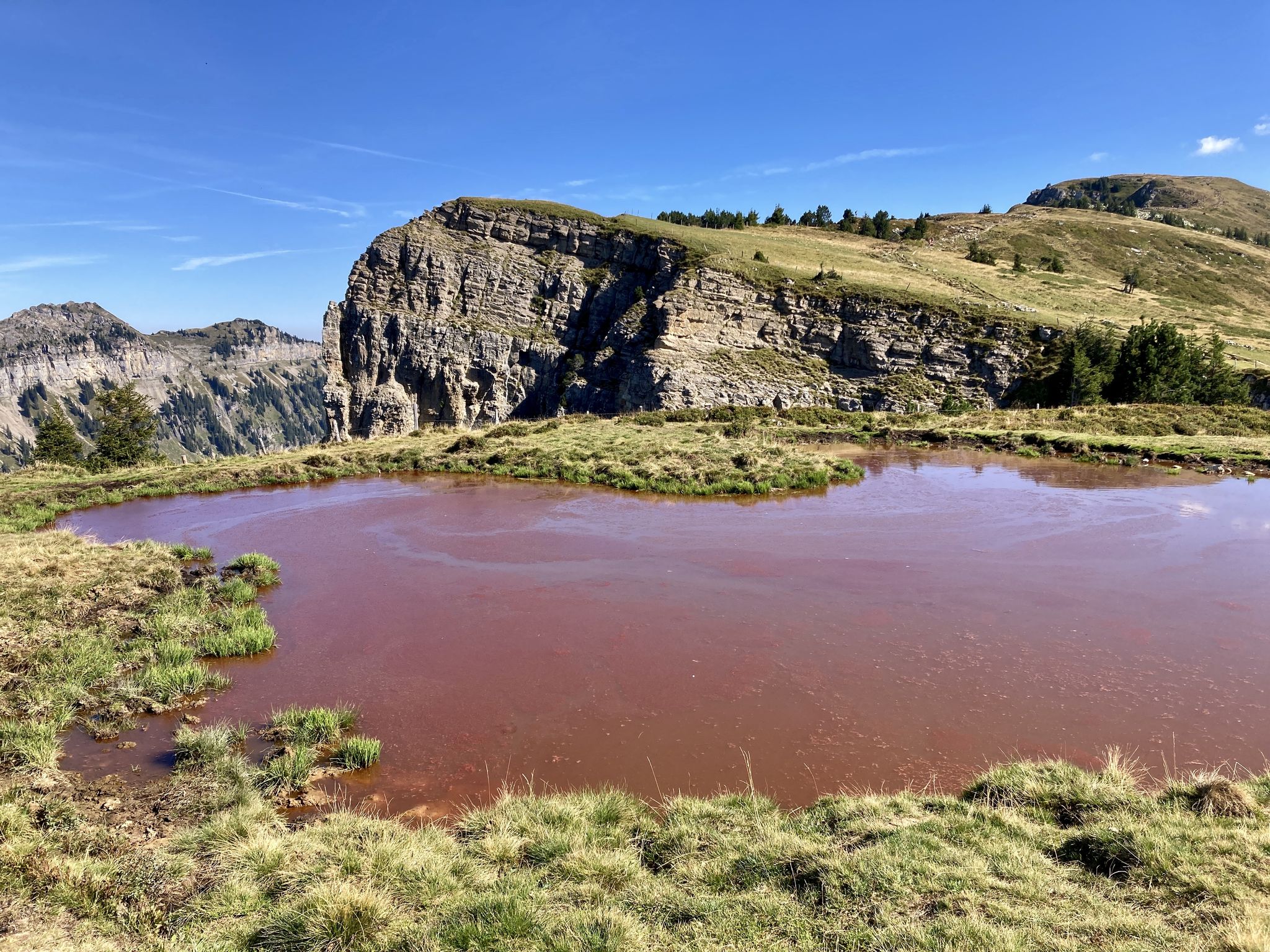 roter Hohseil-See (durch Grünalgen-Wucherung, die Farbstoff Hämatochrom entwickelt, begünstigt durch die Sommerhitze u. Regenfälle)